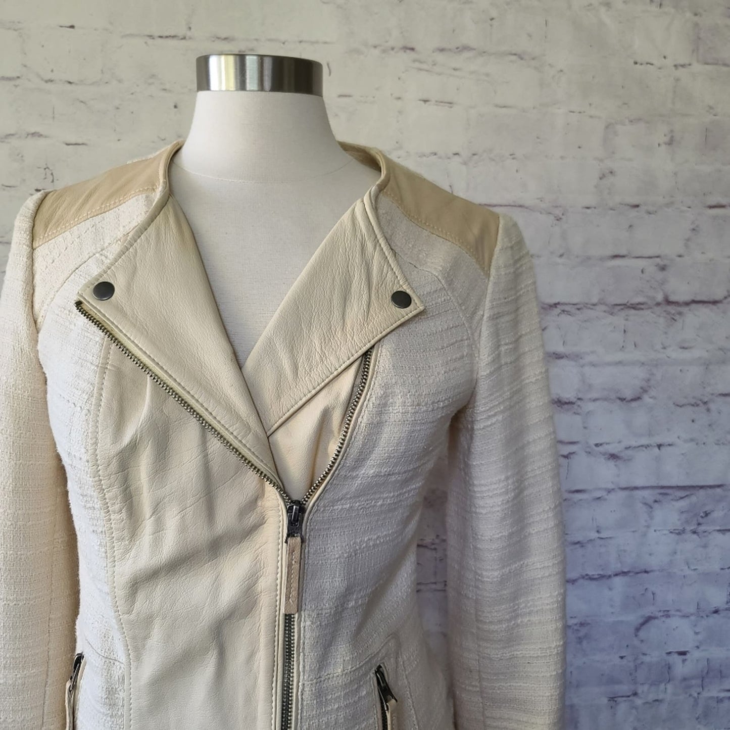 Lucky Brand Noa Cream Leather & Textile Asymmetric Zip Moto Jacket Small