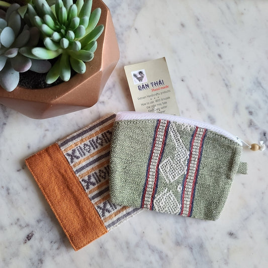 NWT Ban Thai Handmade Vietnamese Woven Textile Pouch and Coaster Set