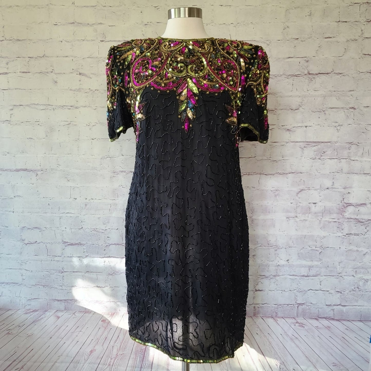 Vintage Laurance Kazar Silk Sequin Beaded Short Sleeve Shift Dress XL