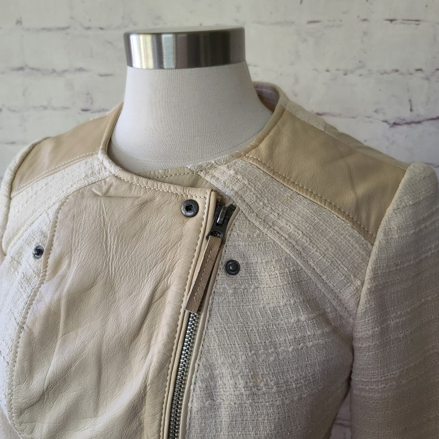 Lucky Brand Noa Cream Leather & Textile Asymmetric Zip Moto Jacket Small