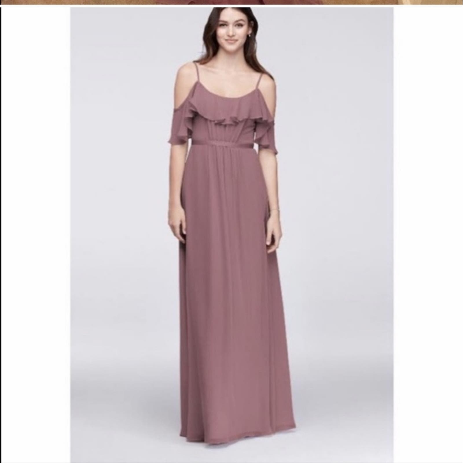 NWT David's Bridal Cold Shoulder Flutter Sleeve Chiffon Long Bridesmai Sonderleigh NWT David's Bridal Cold Shoulder Flutter Sleeve Chiffon Long Bridesmai Sonderleigh