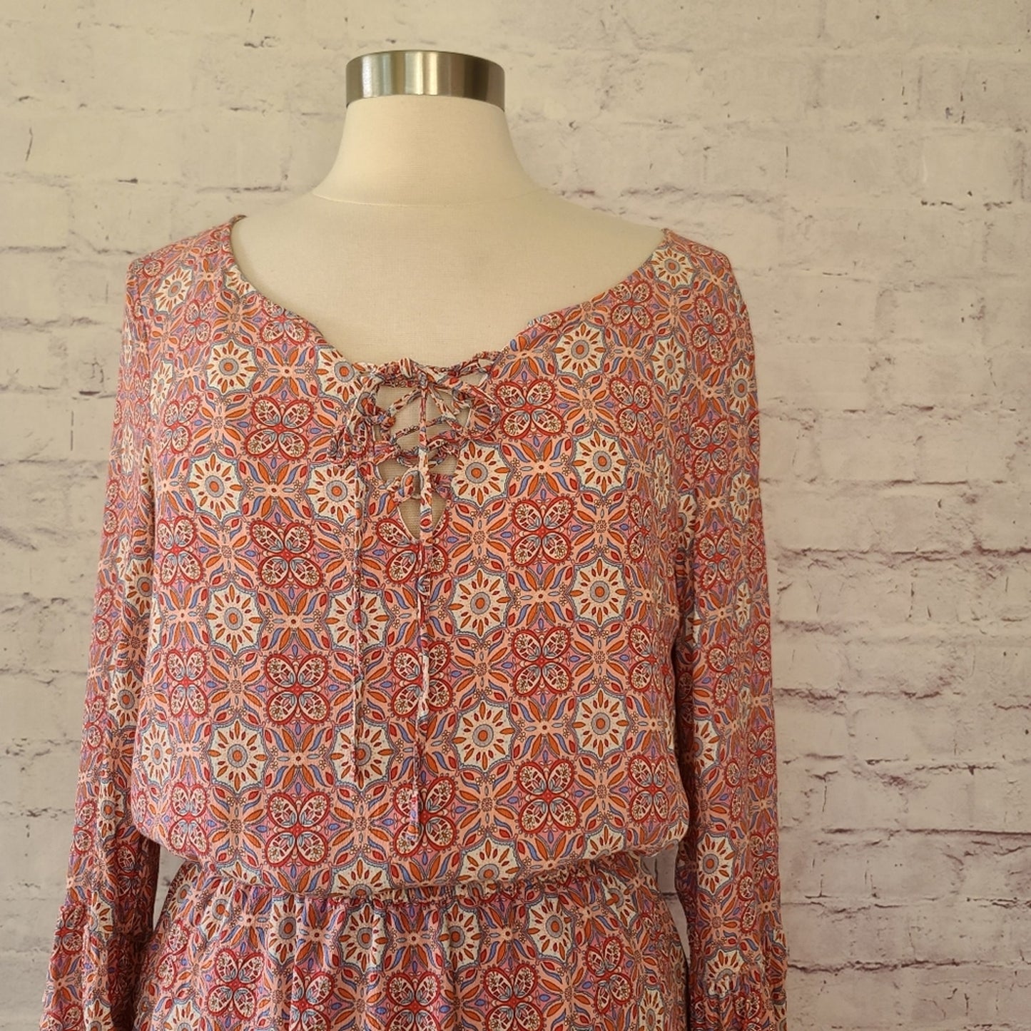 Sanctuary Pink Floral Mosaic Print Long Bell Sleeve Lace-Up V-Neck Dress Medium