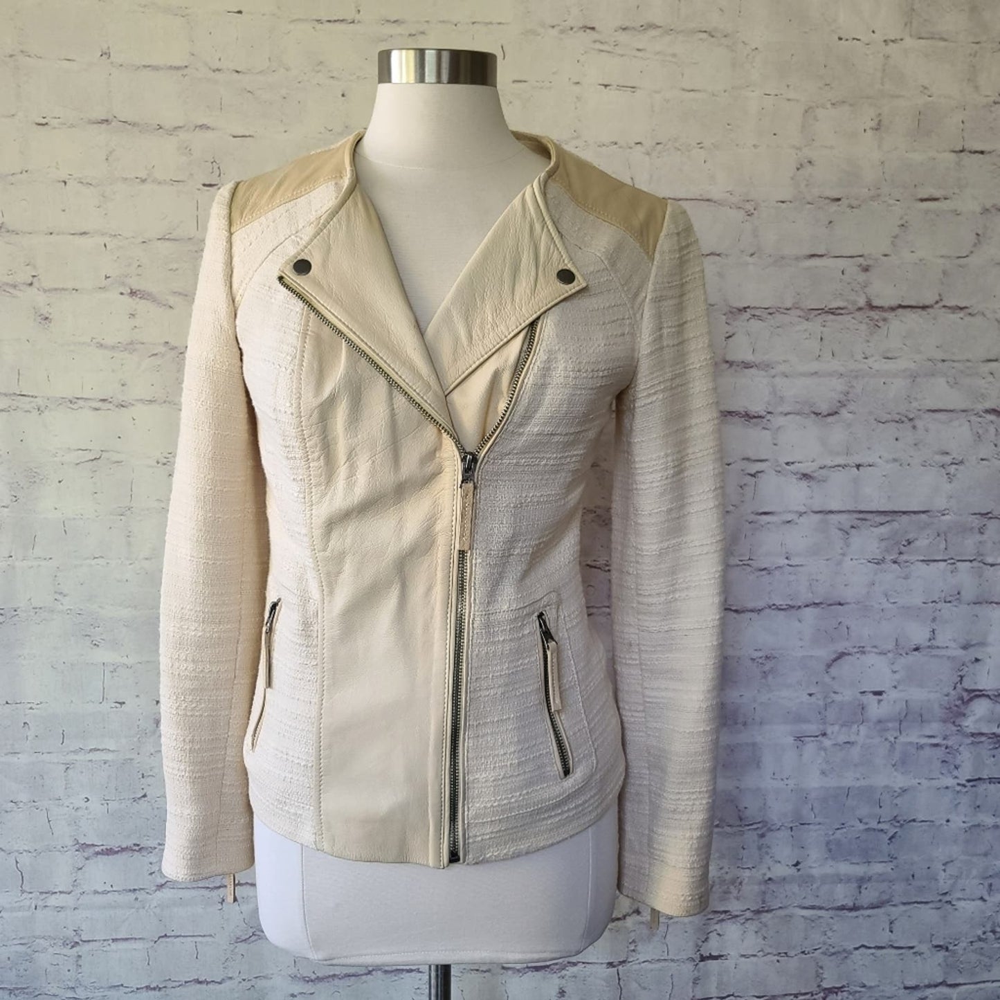 Lucky Brand Noa Cream Leather & Textile Asymmetric Zip Moto Jacket Small