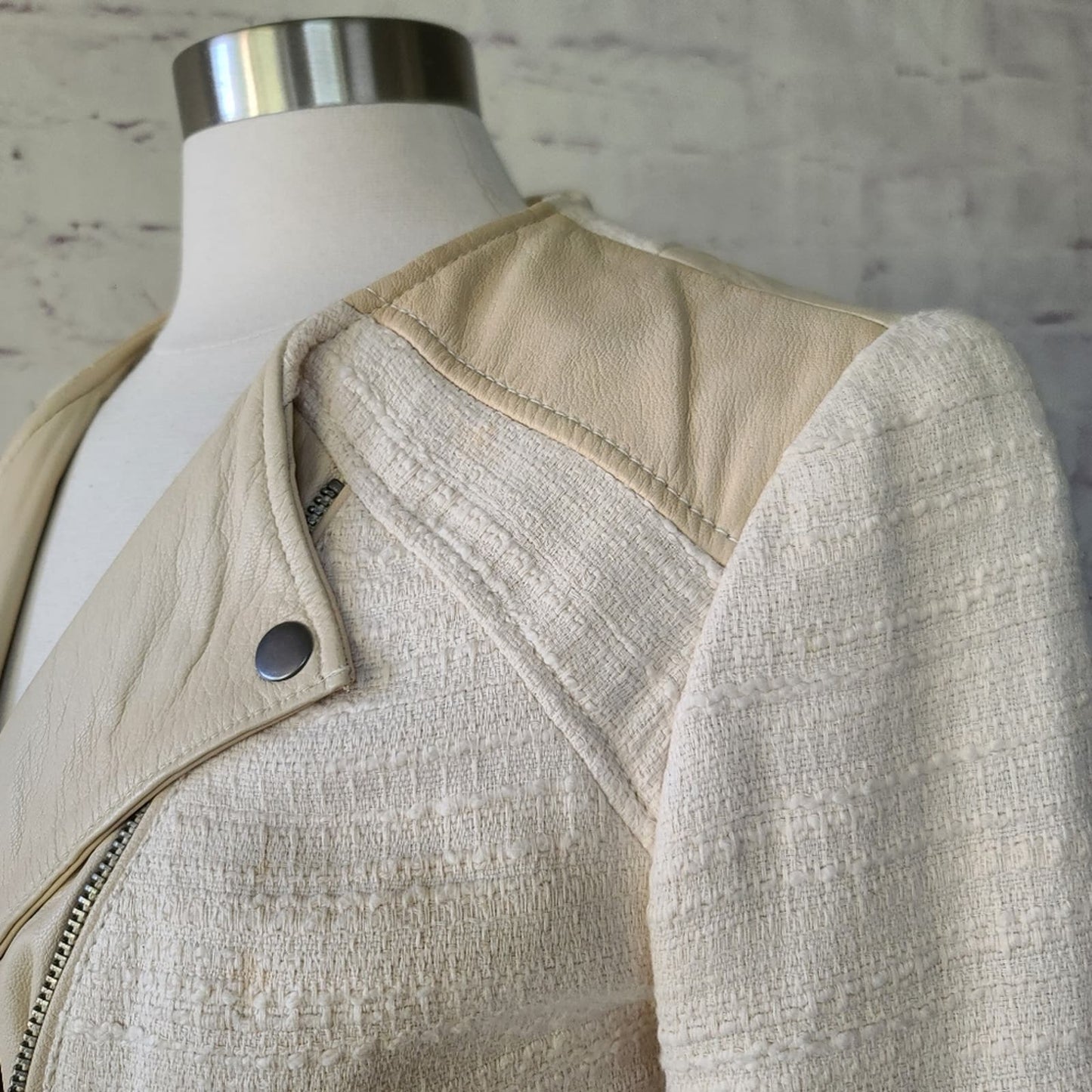 Lucky Brand Noa Cream Leather & Textile Asymmetric Zip Moto Jacket Small