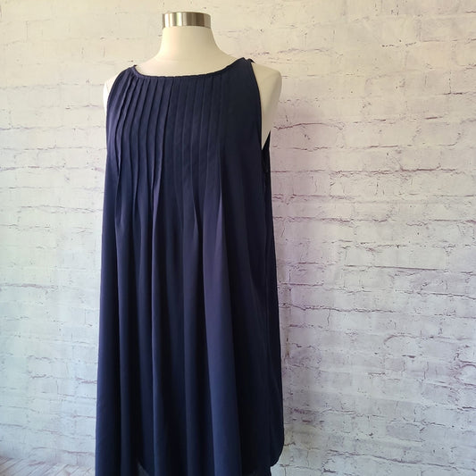 Nanette Lepore Navy Sleeveless Chiffon Pintuck Pleated Shift Dress 14