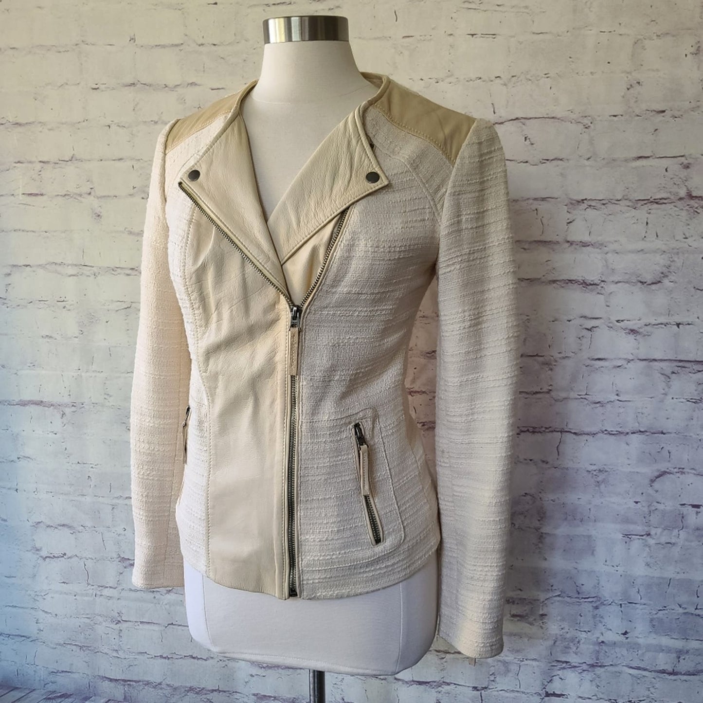 Lucky Brand Noa Cream Leather & Textile Asymmetric Zip Moto Jacket Small