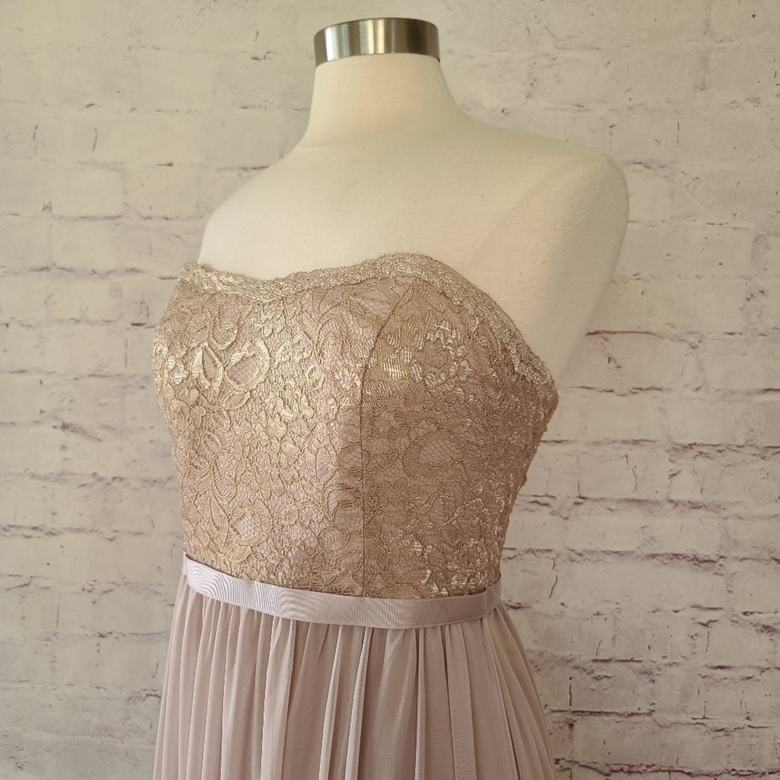 David's Bridal Gold Metallic Taupe Lace and Mesh Long Strapless Dress Sonderleigh David's Bridal Gold Metallic Taupe Lace and Mesh Long Strapless Dress Sonderleigh
