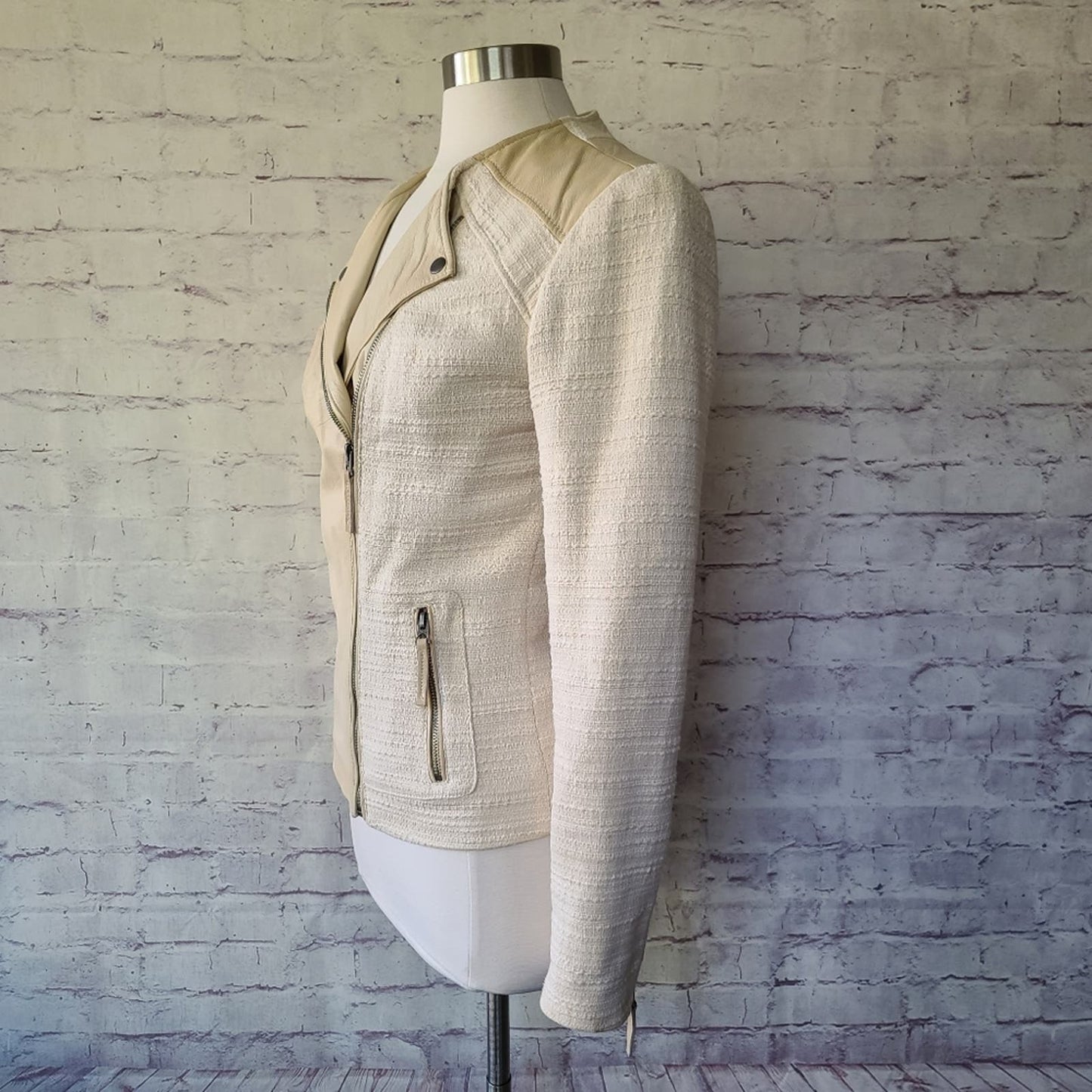 Lucky Brand Noa Cream Leather & Textile Asymmetric Zip Moto Jacket Small