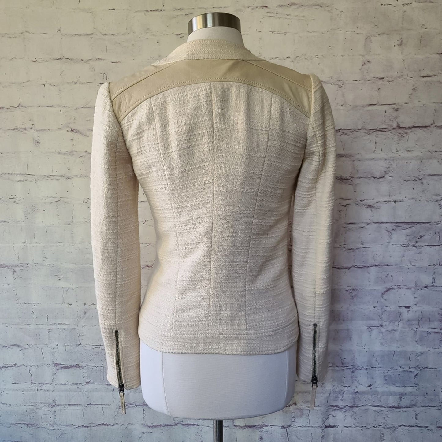 Lucky Brand Noa Cream Leather & Textile Asymmetric Zip Moto Jacket Small