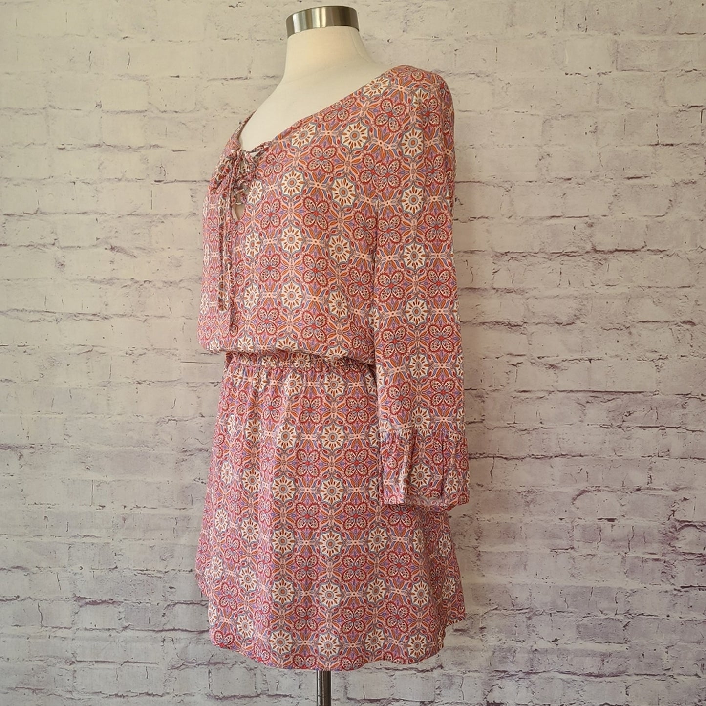 Sanctuary Pink Floral Mosaic Print Long Bell Sleeve Lace-Up V-Neck Dress Medium