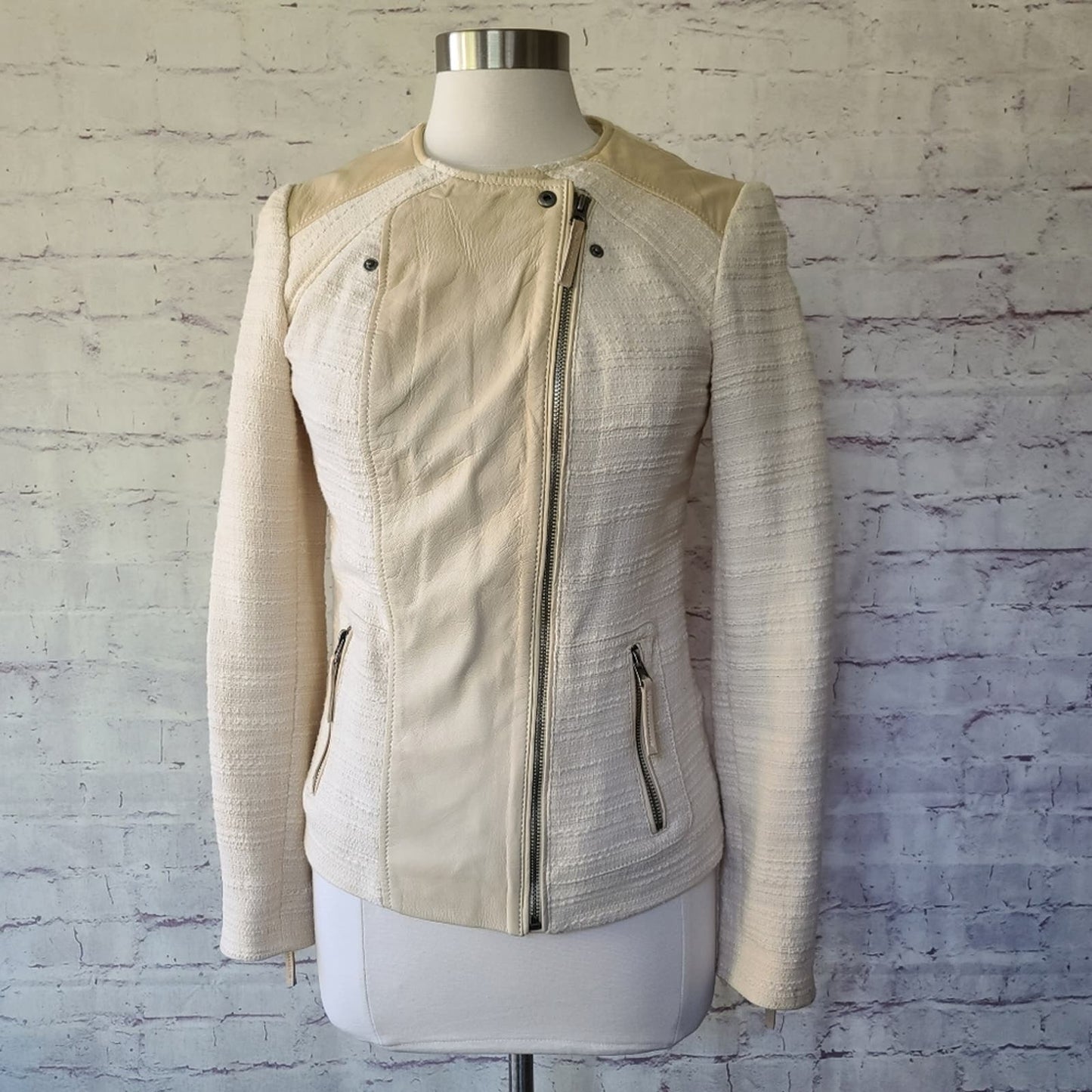 Lucky Brand Noa Cream Leather & Textile Asymmetric Zip Moto Jacket Small