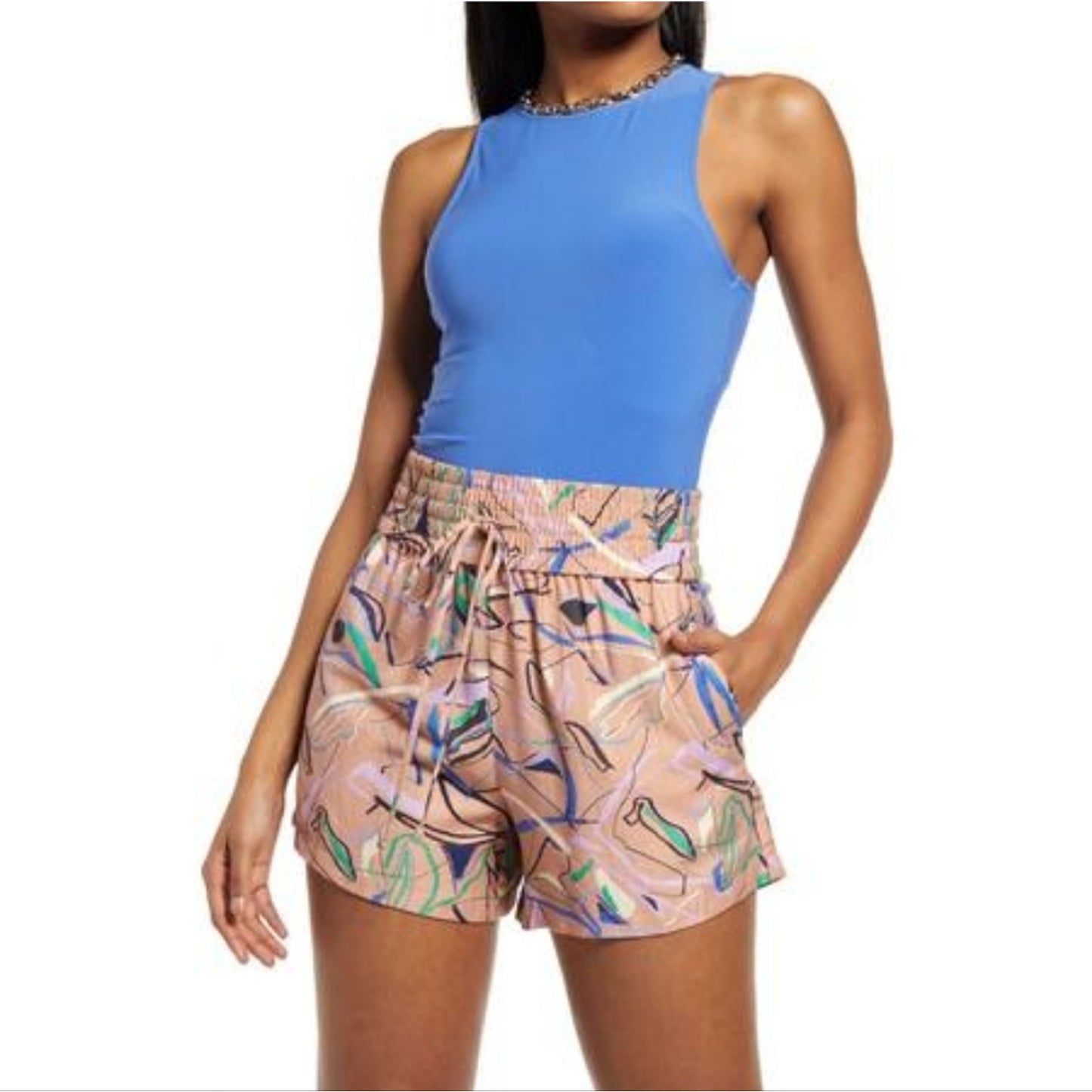 Open Edit Tan Doodle Print High Waist Shorts Medium