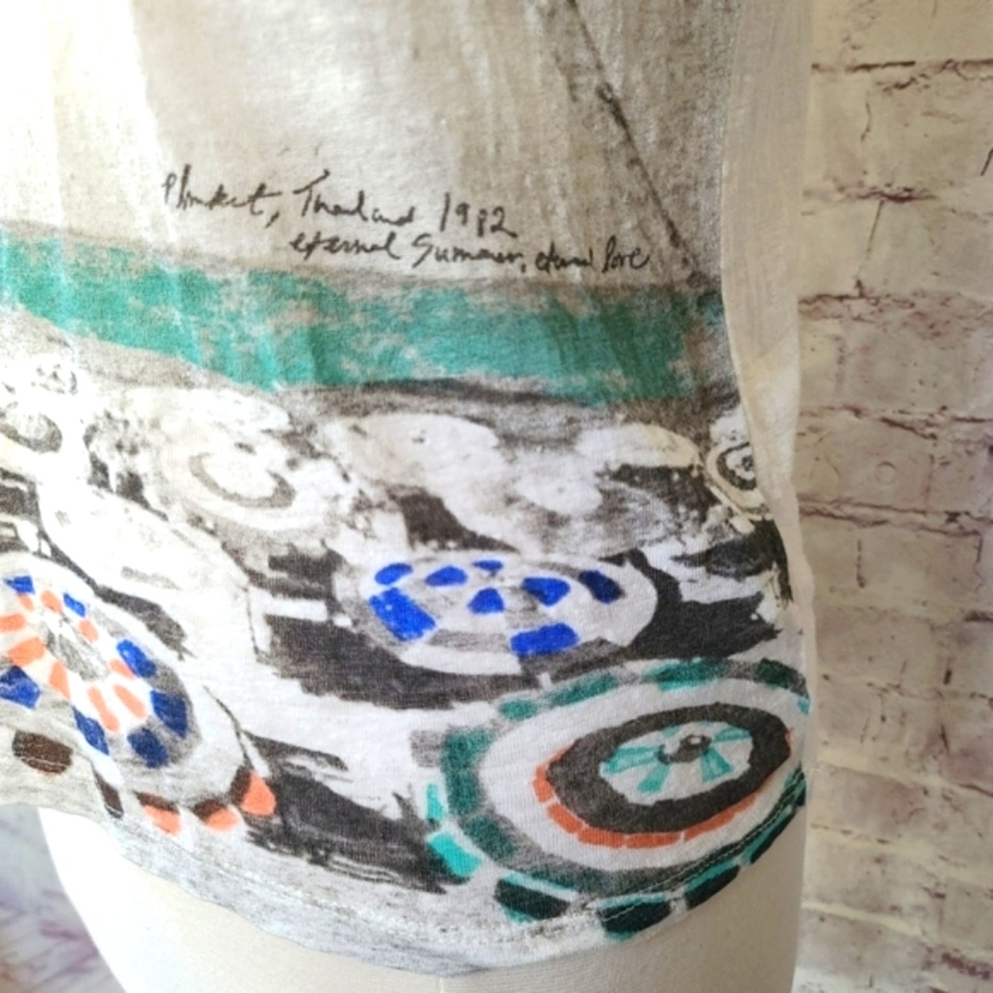 J. Crew Linen Phuket Thailand Beach Scene Short Sleeve Tee Small