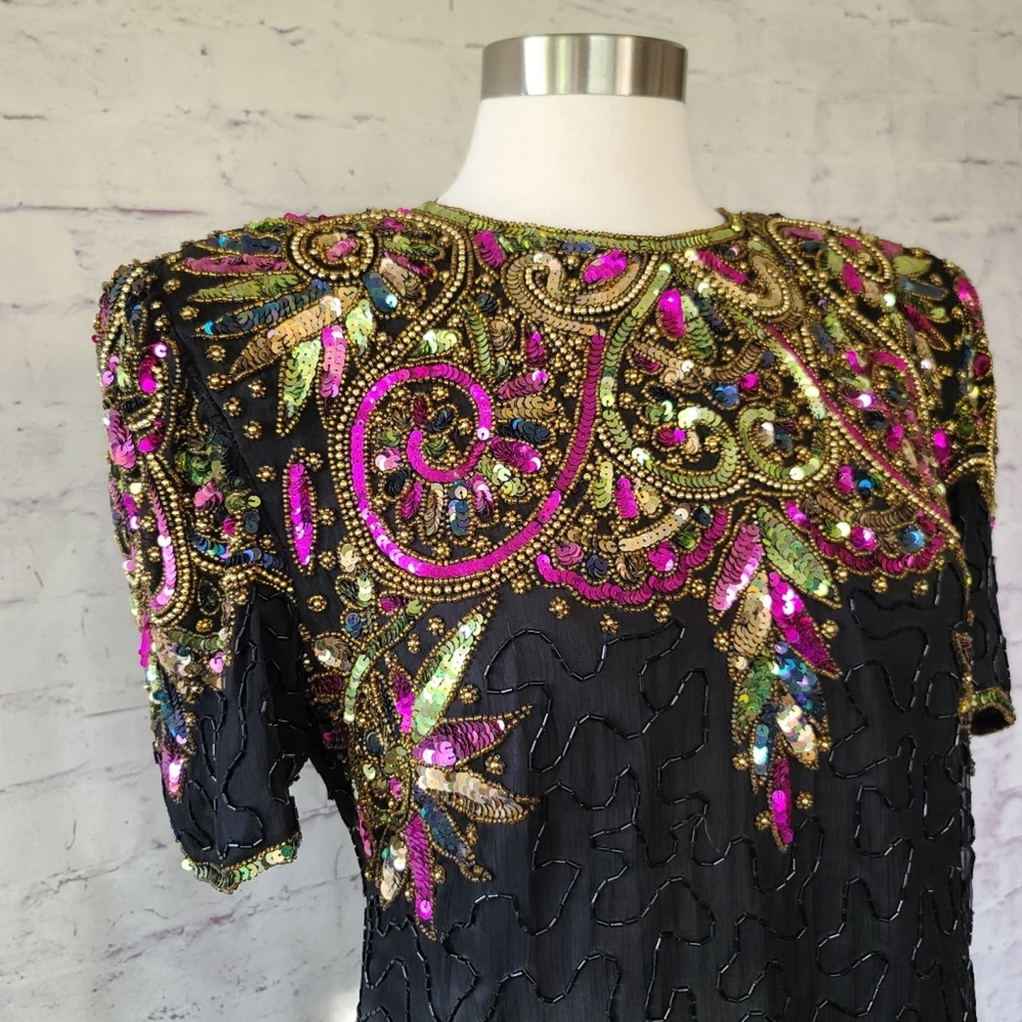 Vintage Laurance Kazar Silk Sequin Beaded Short Sleeve Shift Dress XL