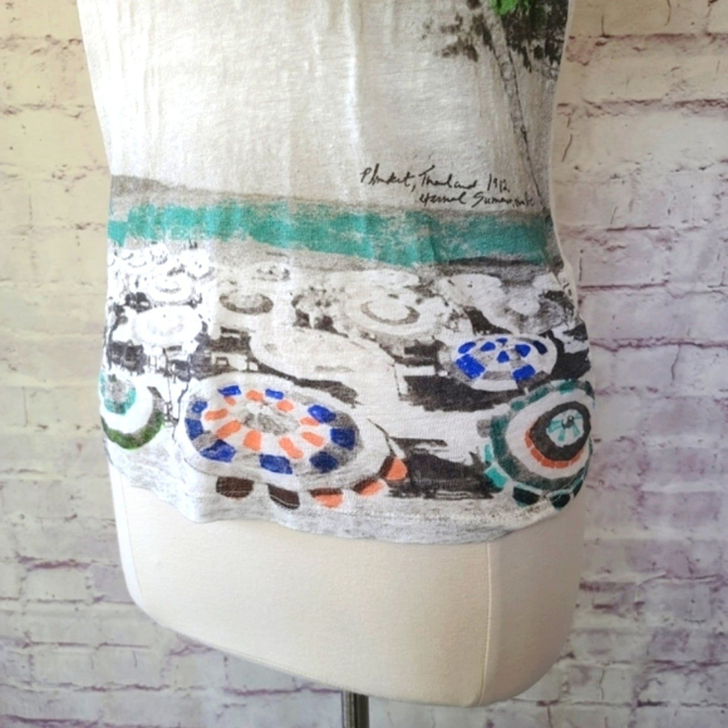 J. Crew Linen Phuket Thailand Beach Scene Short Sleeve Tee Small
