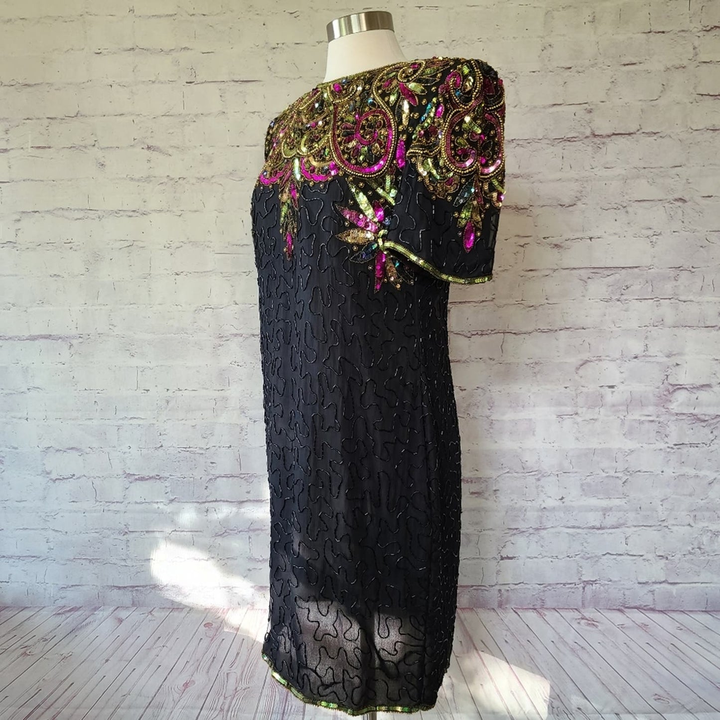 Vintage Laurance Kazar Silk Sequin Beaded Short Sleeve Shift Dress XL