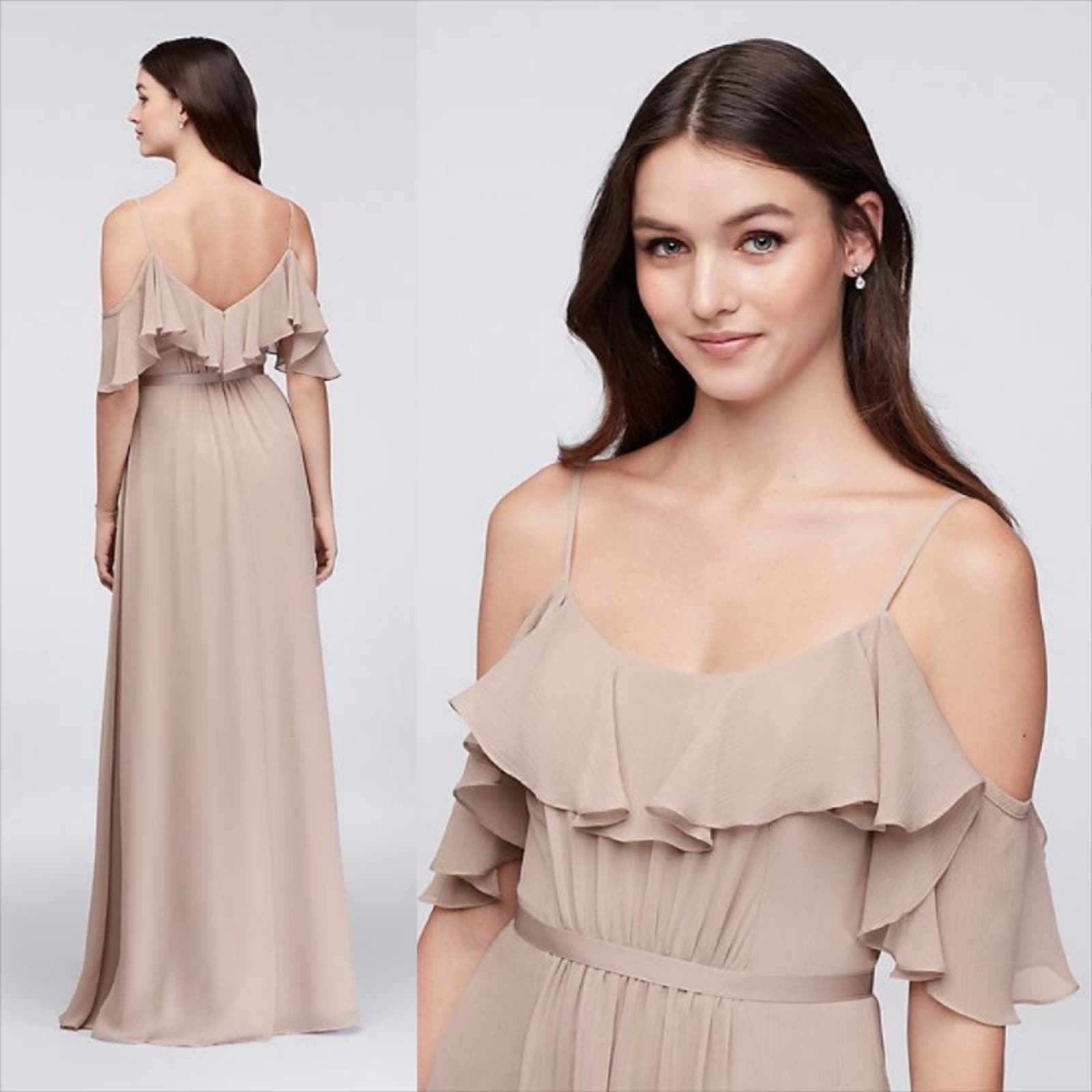 NWT David's Bridal Cold Shoulder Flutter Sleeve Chiffon Long Bridesmai Sonderleigh NWT David's Bridal Cold Shoulder Flutter Sleeve Chiffon Long Bridesmai Sonderleigh