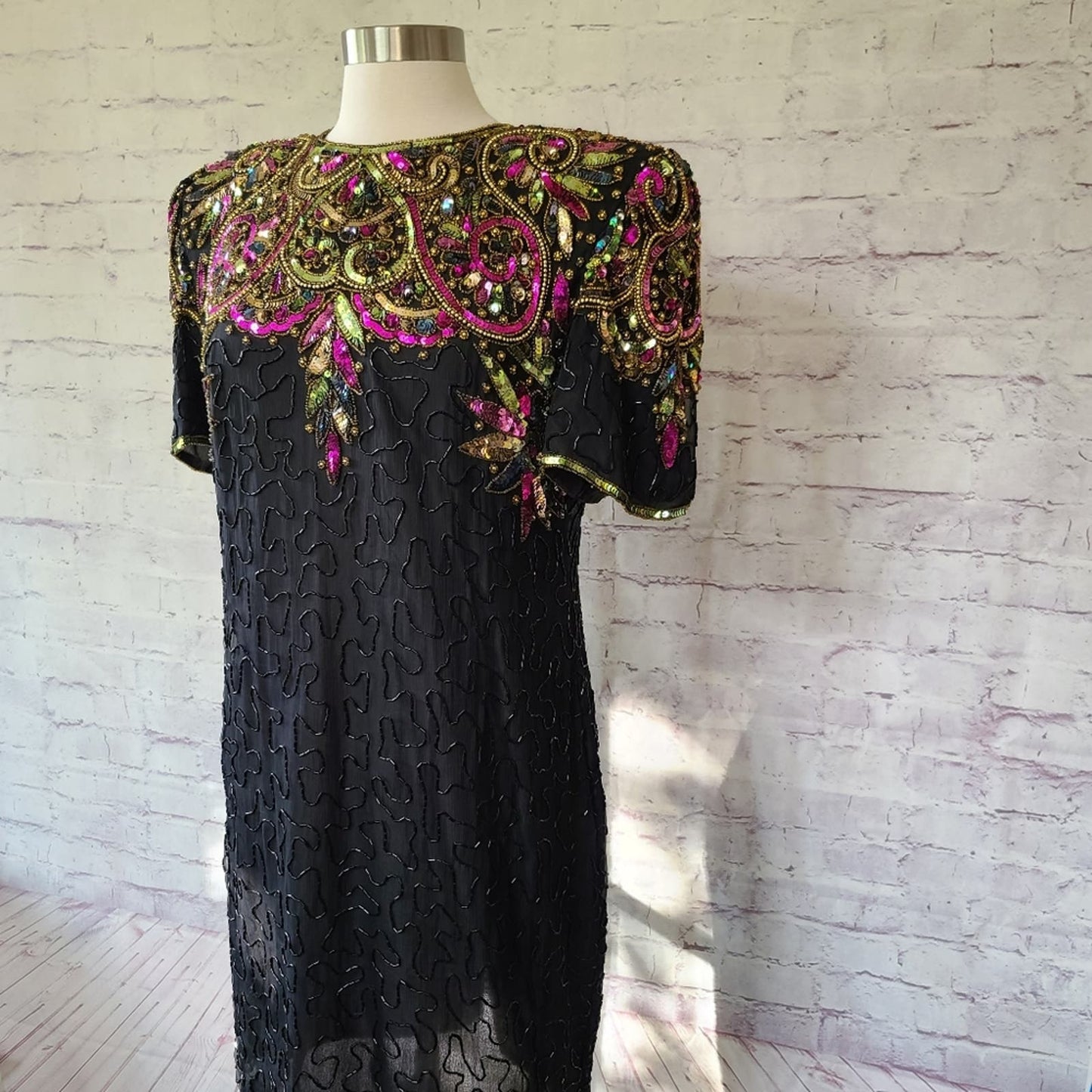 Vintage Laurance Kazar Silk Sequin Beaded Short Sleeve Shift Dress XL