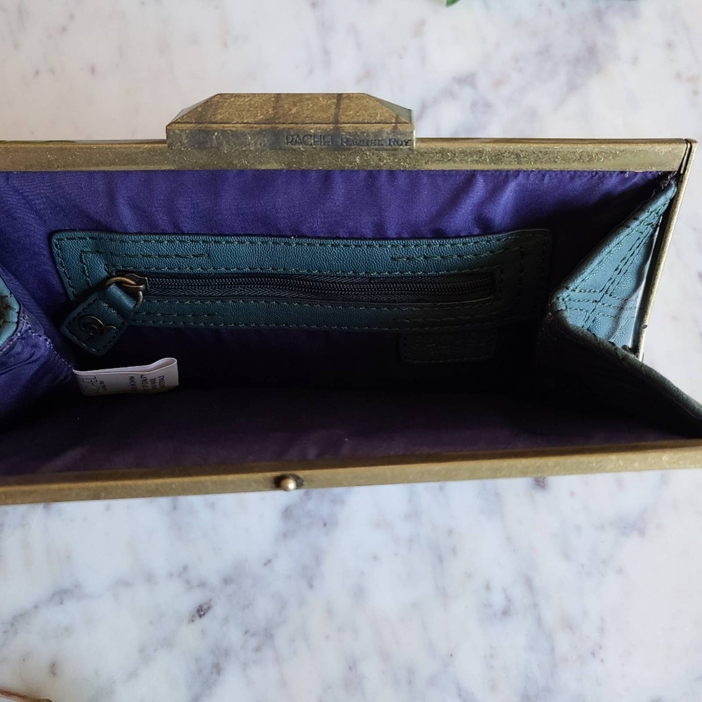 RACHEL Rachel Roy Quilted Faux Leather Clutch Handbag Art Deco Clasp