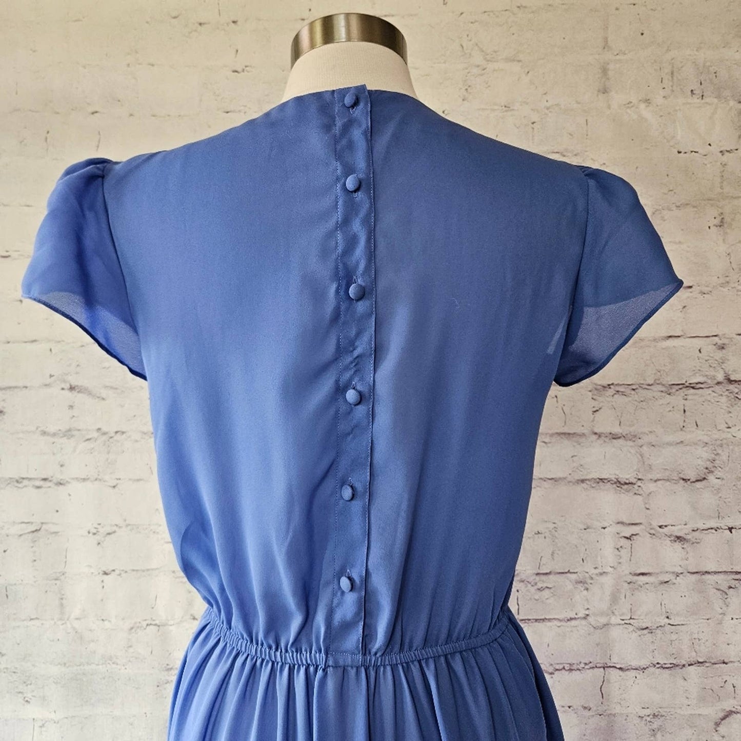 Vintage 80s Townhouse Sheer Blue Cap Sleeve Midi Dress