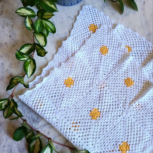 Vintage Handmade Crochet White and Marigold Jaqcuard Knit Table Runner 16x30