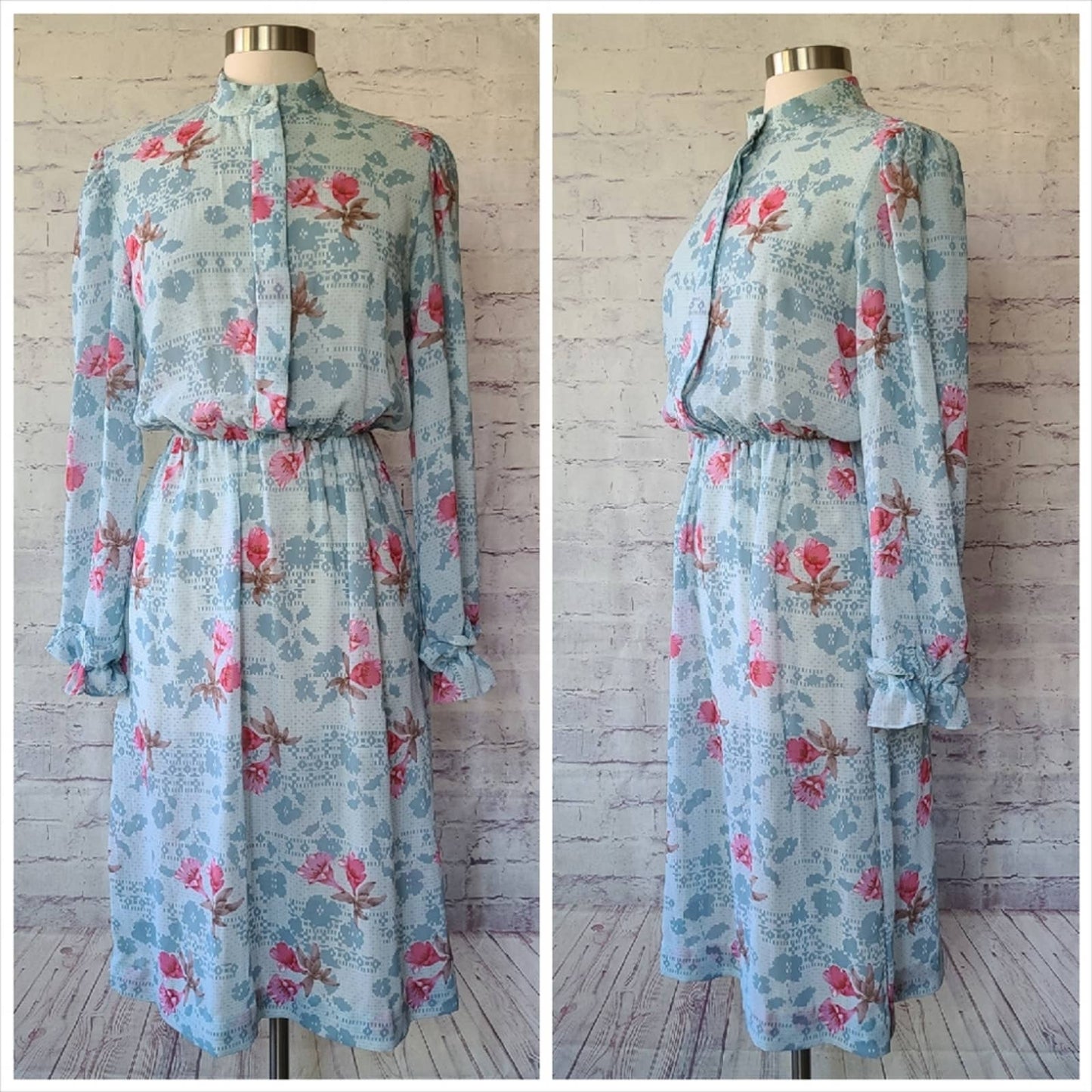 Vintage 1970s Semi Sheer Long Sleeve Blue Pink Floral Print Dress Ruffle Cuff 12