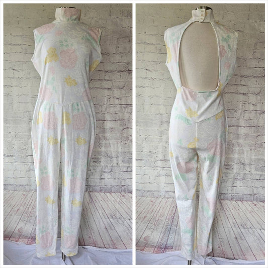 Vintage Avon Fashions 80s White Pastel Floral Knit Backless Jumpsuit M/L