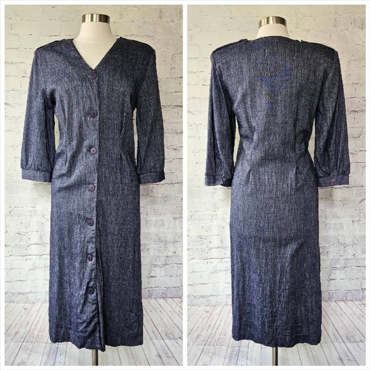 Vintage Chelsea Ltd Blue Chambray Long Sleeve Button Front Dress 10 Made in USA