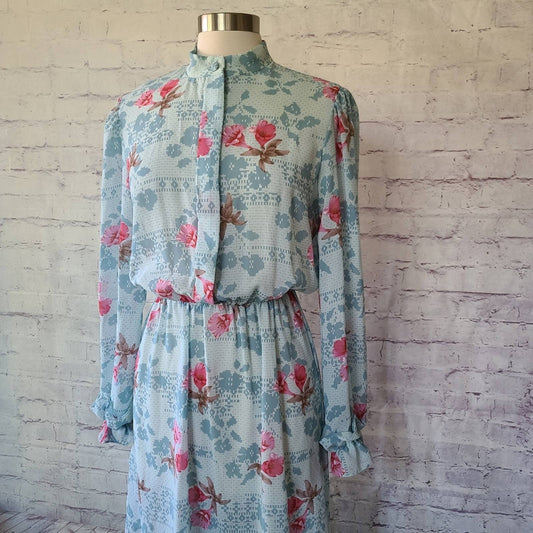 Vintage 1970s Semi Sheer Long Sleeve Blue Pink Floral Print Dress Ruffle Cuff 12