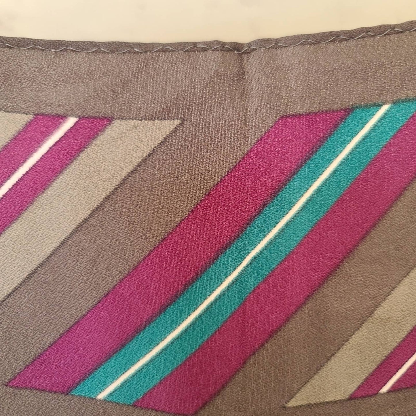 Vintage Square Scarf Grey with Teal and Purple Diamonds and Stripes Print 26x26