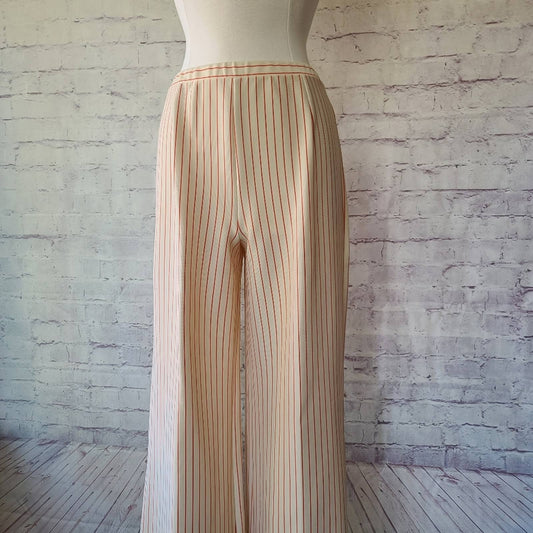 Vintage Cream Red Stripe Wide Leg Elastic Waist Poly Knit Pants ILCWU Made