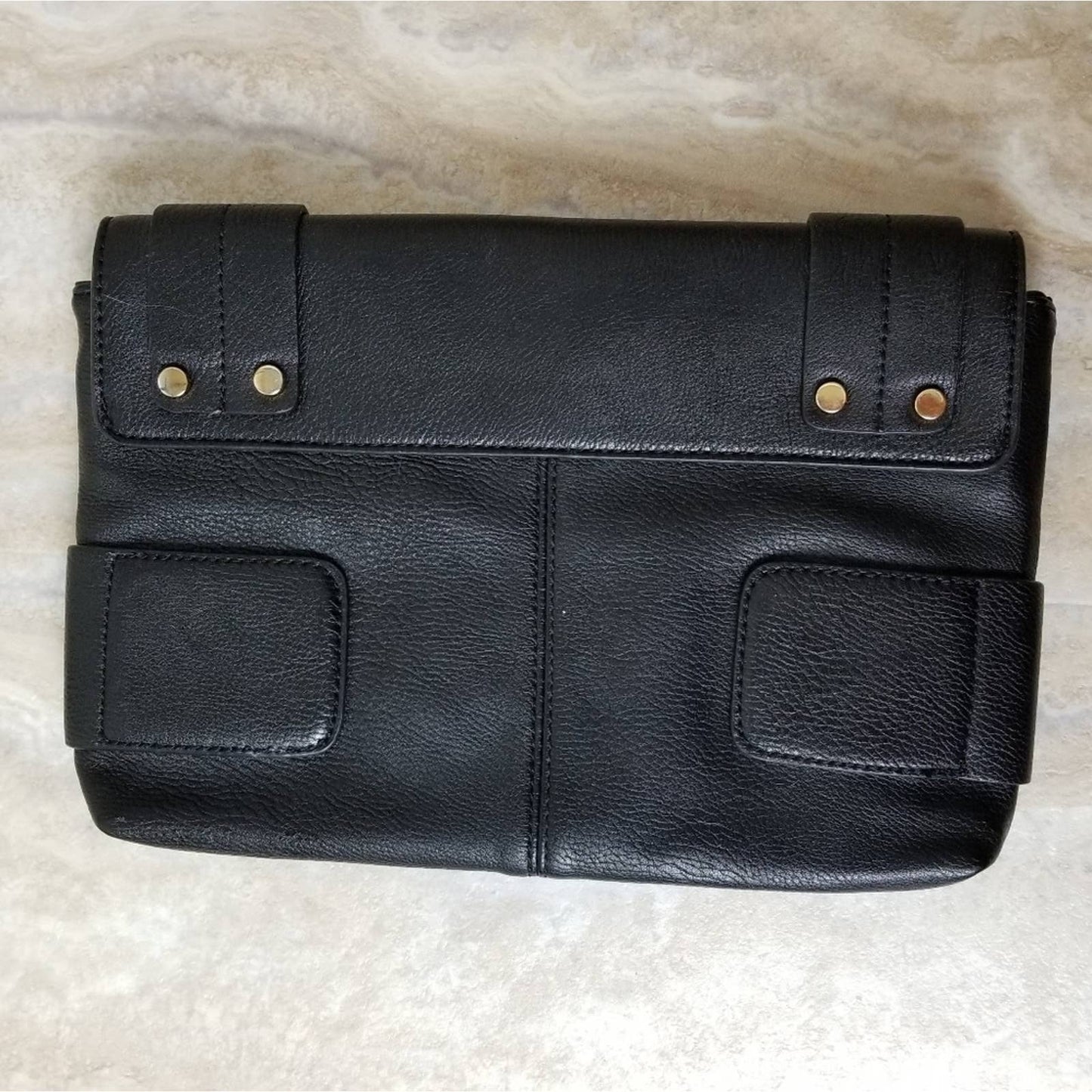 Poppie Black Faux Leather Envelope Flap Closure Clutch Handbag