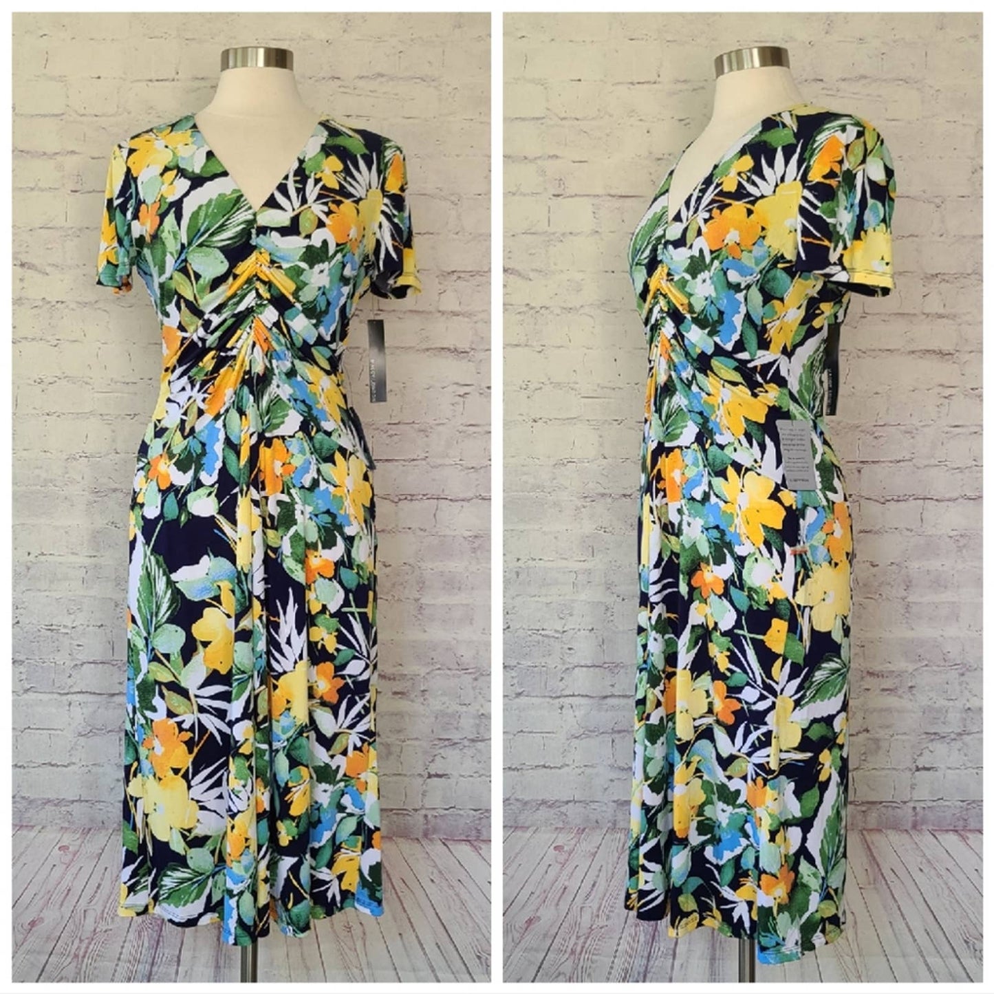 NWT Maggy London Floral Ruched Short Sleeve Midi Dress Navy Yellow Green 10