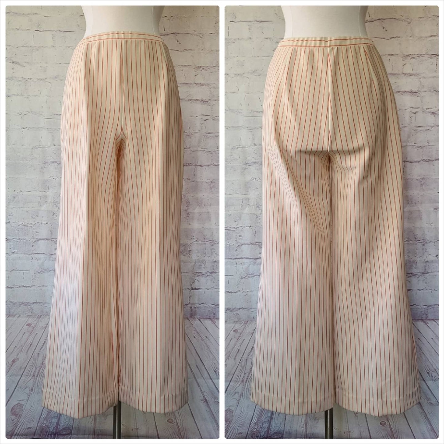 Vintage Cream Red Stripe Wide Leg Elastic Waist Poly Knit Pants ILCWU Made