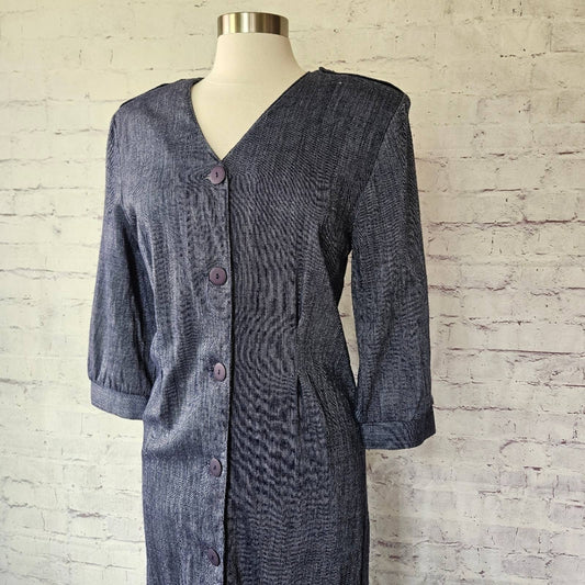 Vintage Chelsea Ltd Blue Chambray Long Sleeve Button Front Dress 10 Made in USA