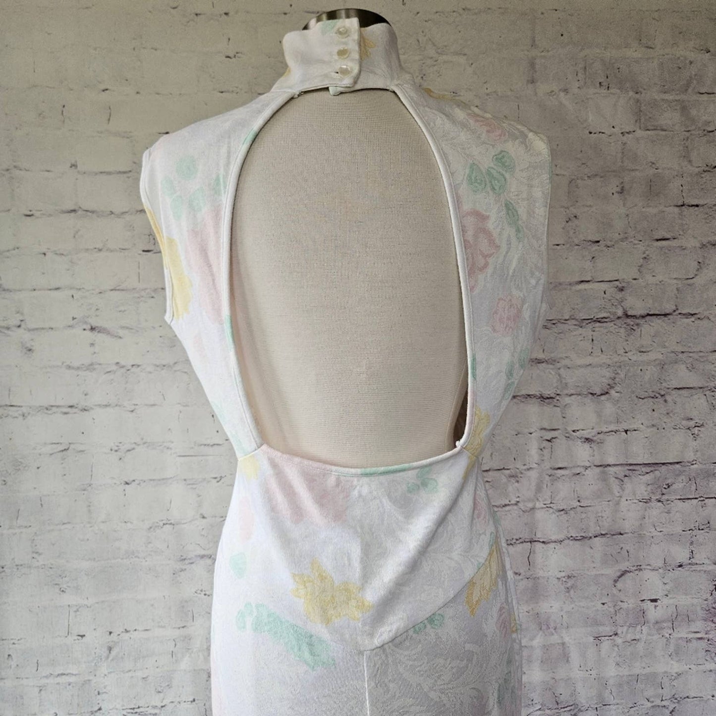 Vintage Avon Fashions 80s White Pastel Floral Knit Backless Jumpsuit M/L