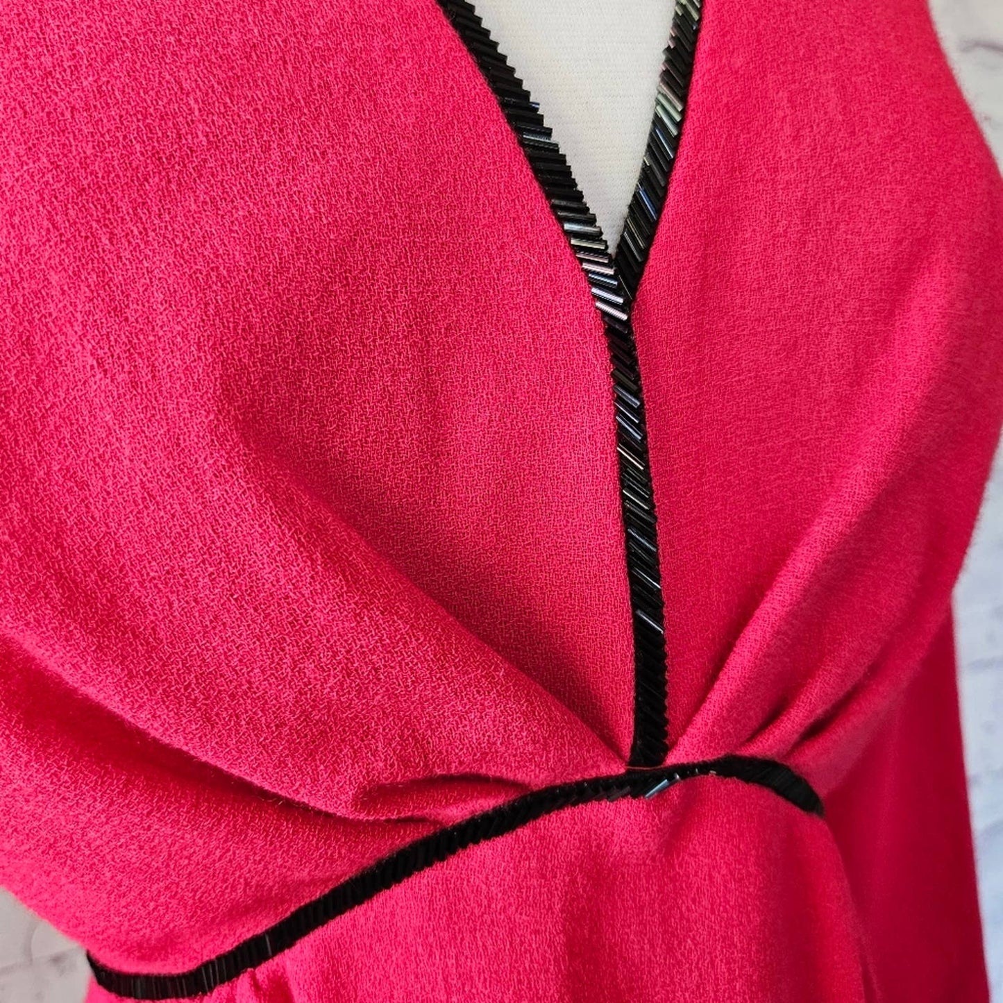 Vintage Harold Levine Boutique Pink Wool Long Sleeve Shift Dress Black Beading