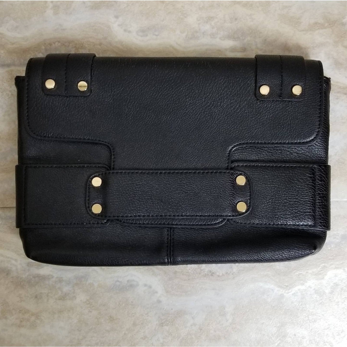 Poppie Black Faux Leather Envelope Flap Closure Clutch Handbag