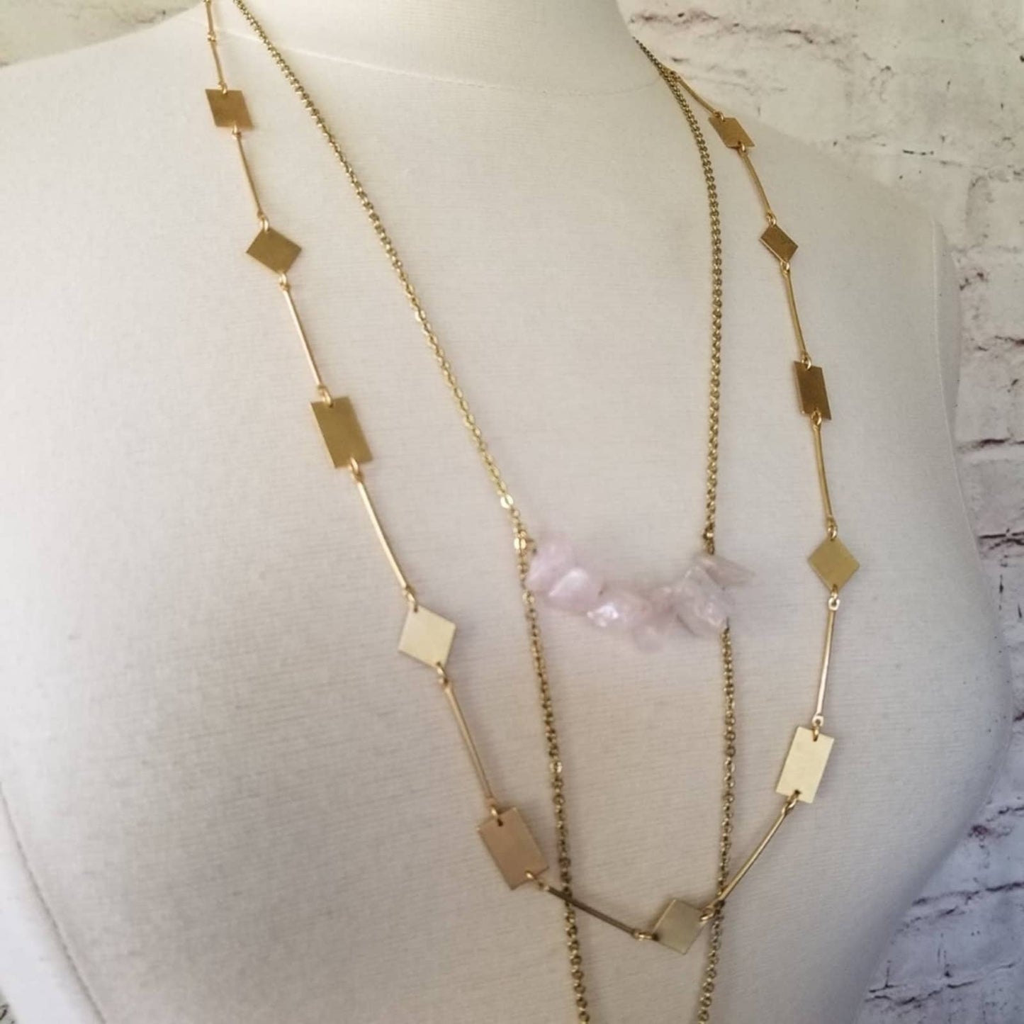 Gold Rose Quartz Stones and Cutout Shapes Layered Double Strand Chain Necklace