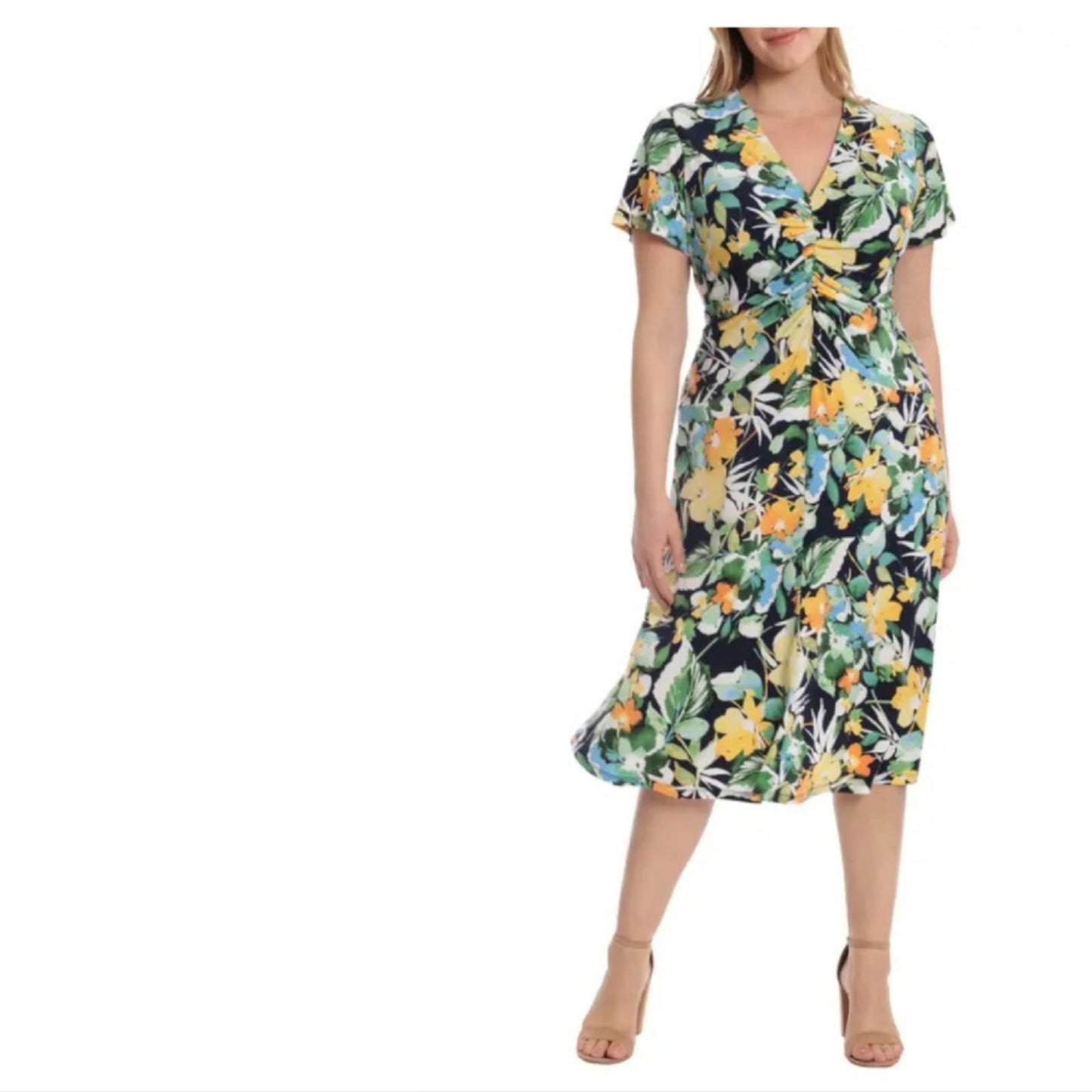 NWT Maggy London Floral Ruched Short Sleeve Midi Dress Navy Yellow Green 10