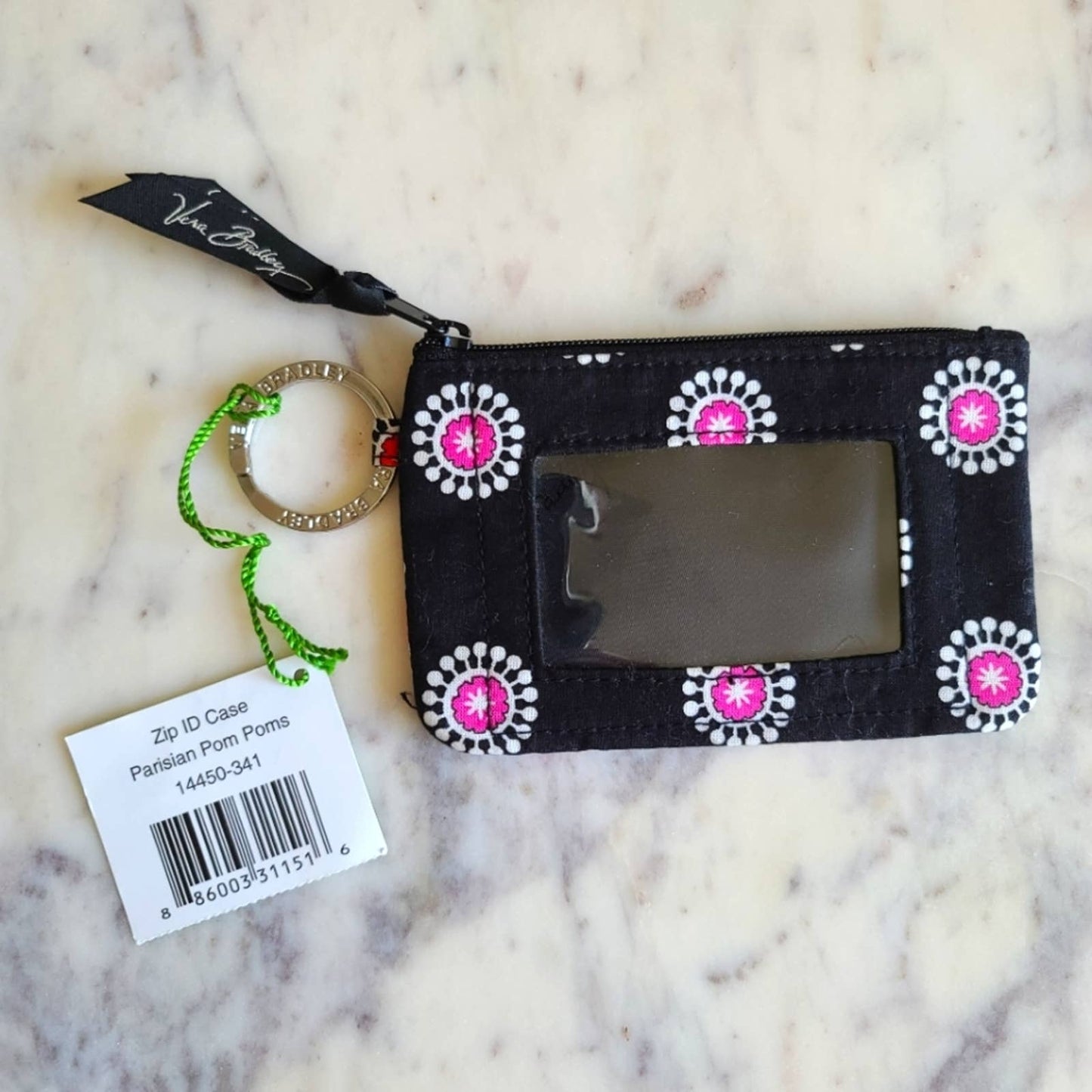 NWT Vera Bradley Black Parisian Pom Poms Print Zip ID Case Keychain Pouch