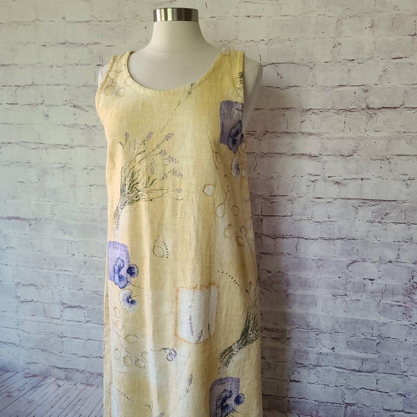 Vintage Sweet Jessie Yellow Botanical Print 100% Linen Tank Maxi Dress Medium