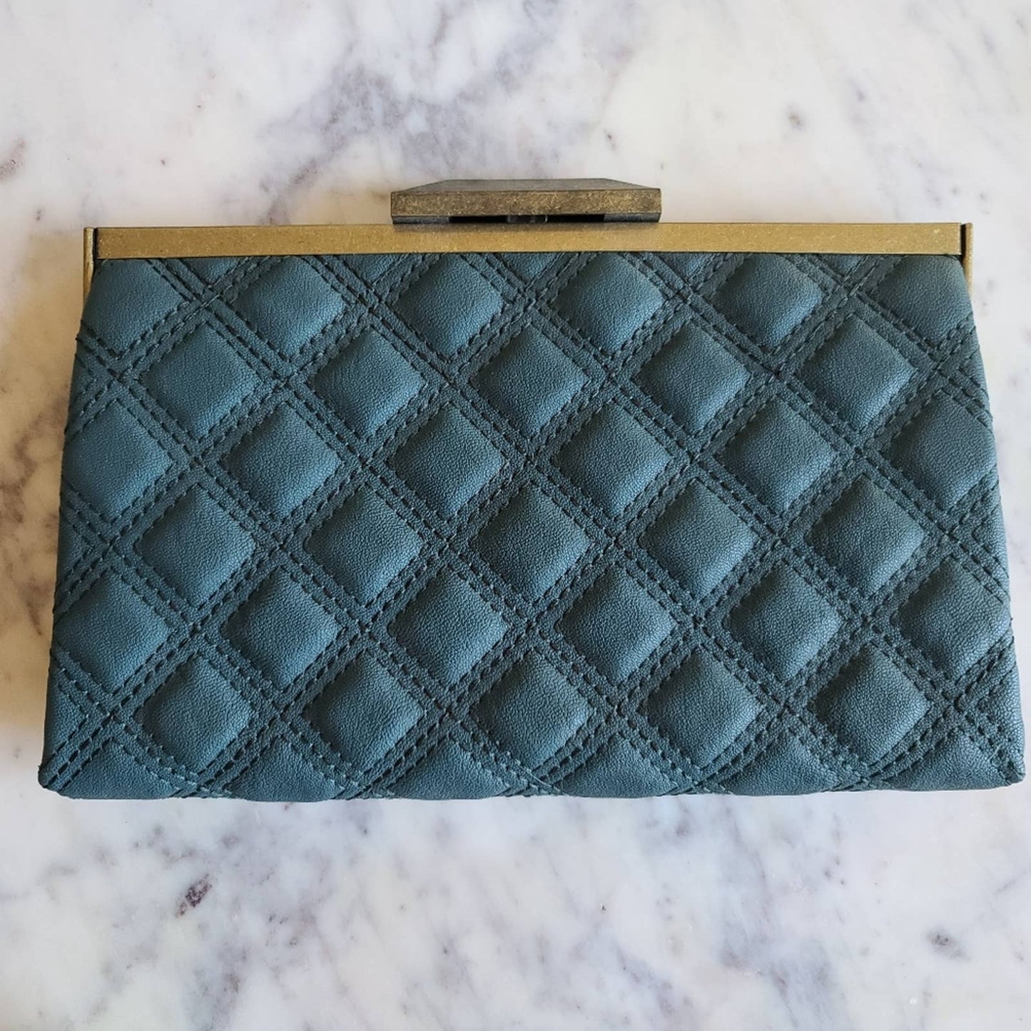 RACHEL Rachel Roy Quilted Faux Leather Clutch Handbag Art Deco Clasp