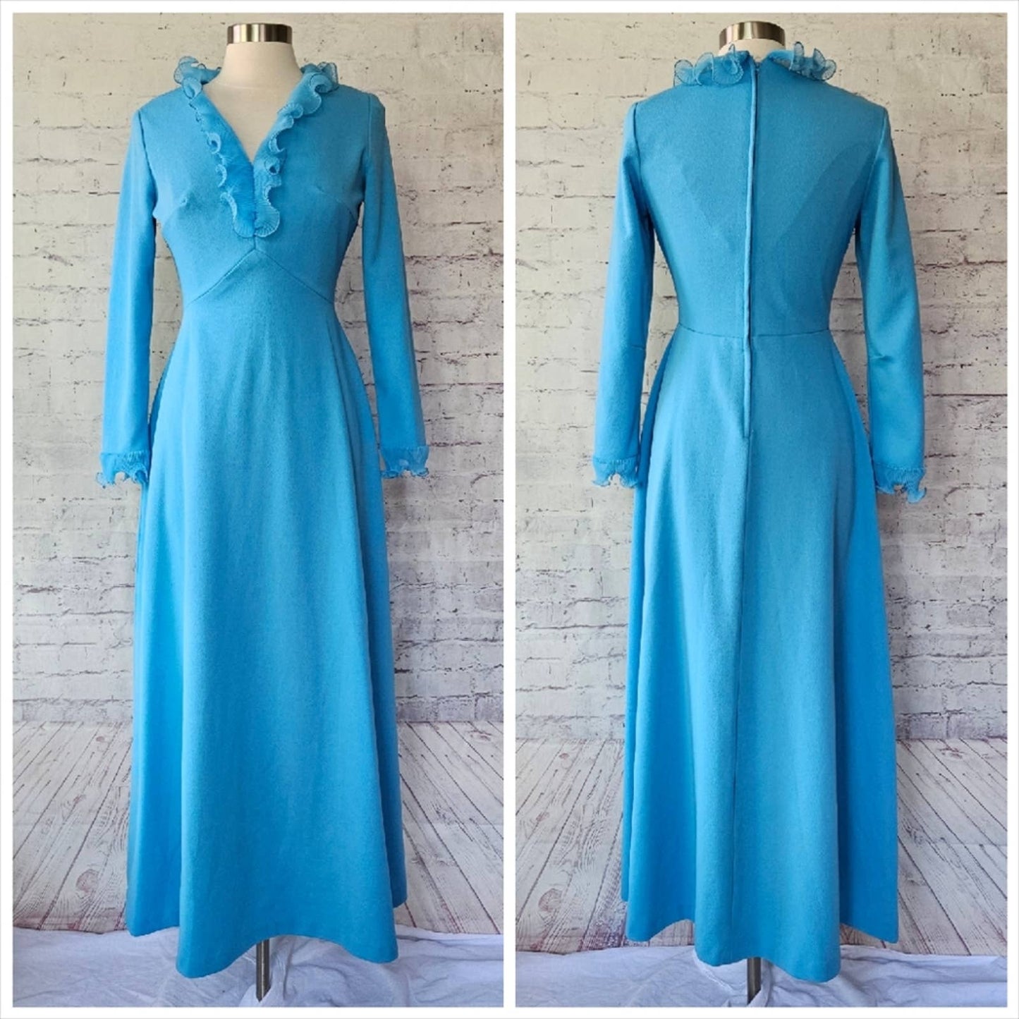 Vintage 70s Sky Blue Micropleat Ruffle Long Sleeve Maxi Dress ILGWU Made in USA