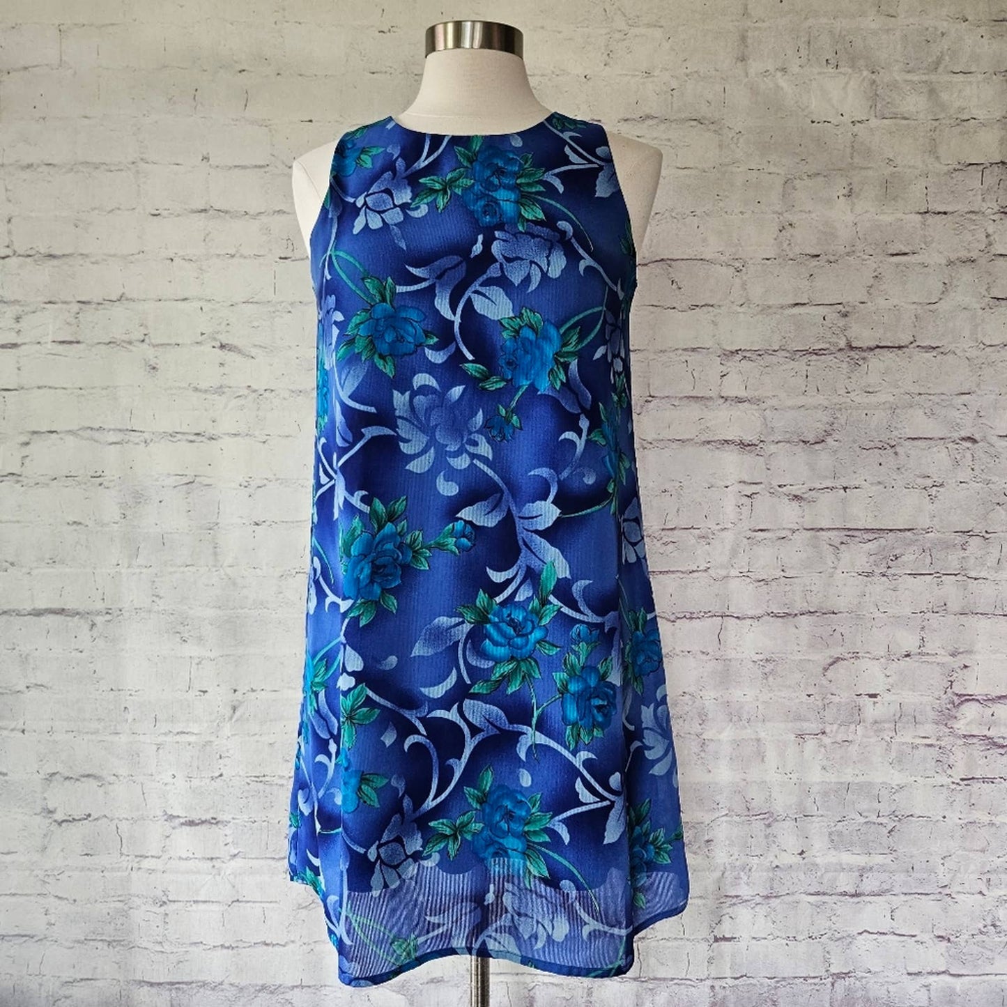 Vintage 90s All That Jazz Blue Teal Floral Sleeveless Shift Dress