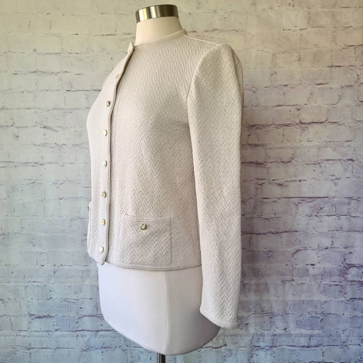 Vintage Castleberry Button Front Chevron Knit Cardigan Jacket Ecru Off White