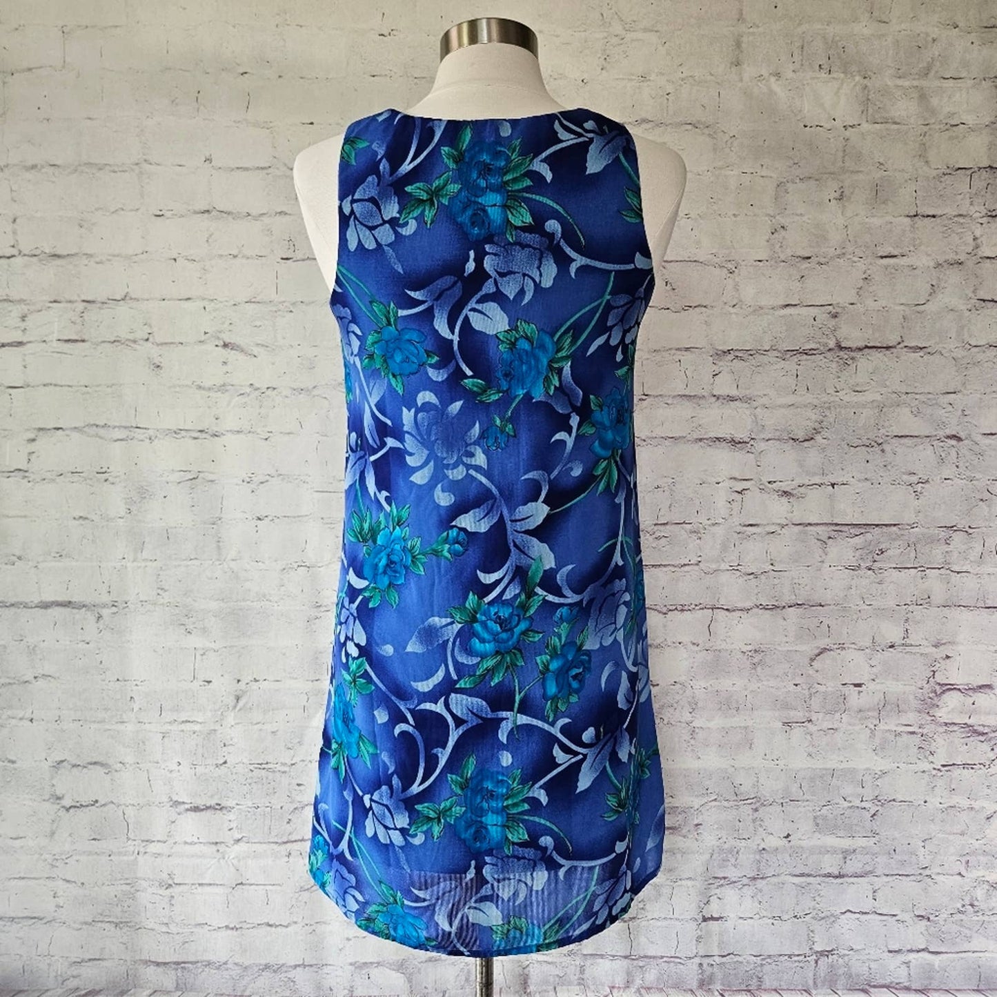 Vintage 90s All That Jazz Blue Teal Floral Sleeveless Shift Dress