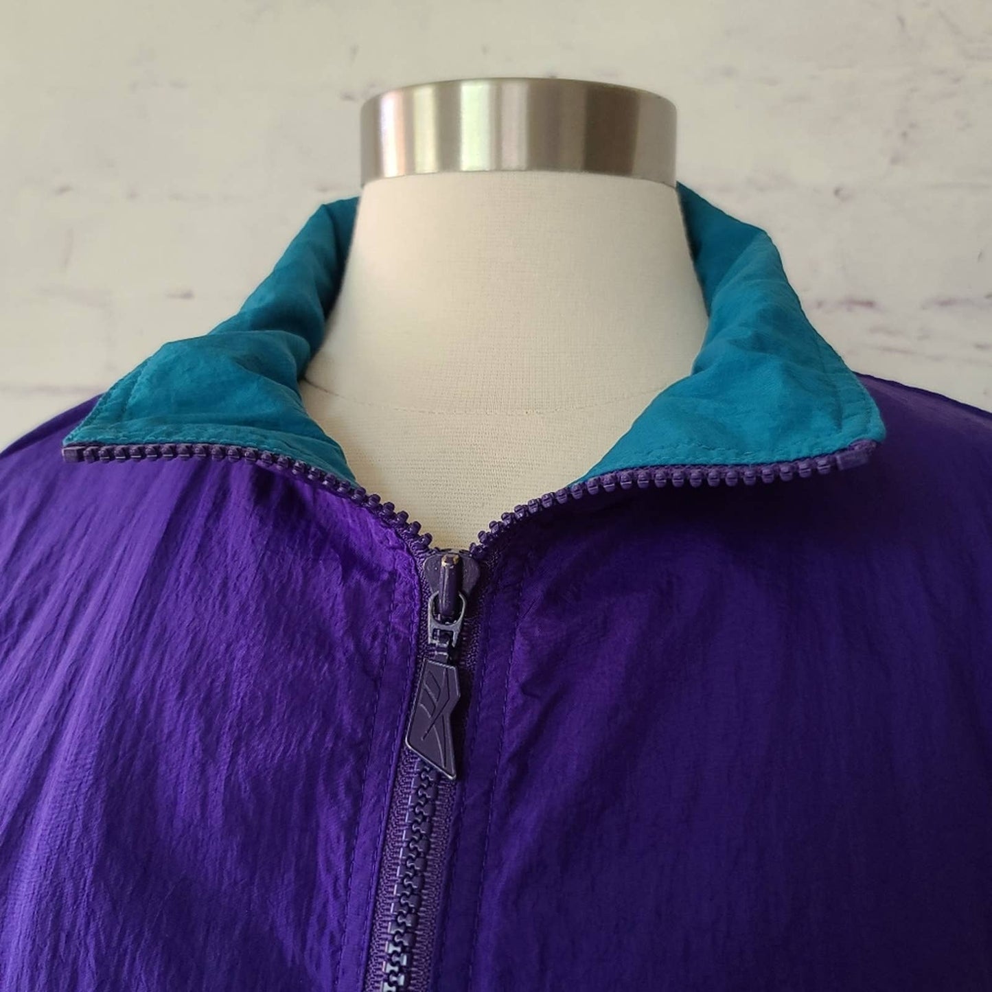 Vintage Reebok Purple Teal Zip Front Mock Neck Nylon Windbreaker Jacket