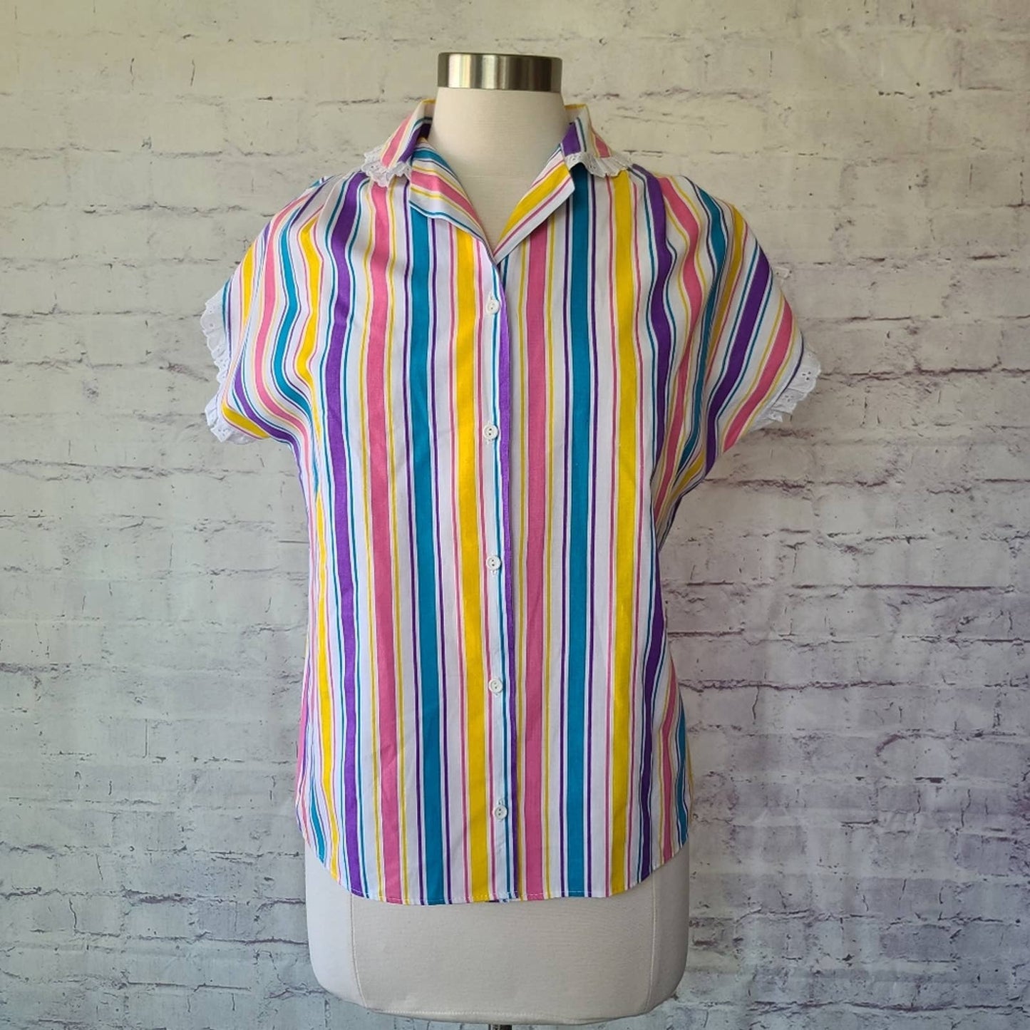 Vintage 80s J.F.I. Colorful Stripe Short Sleeve Button Front Top Lace Trim Small