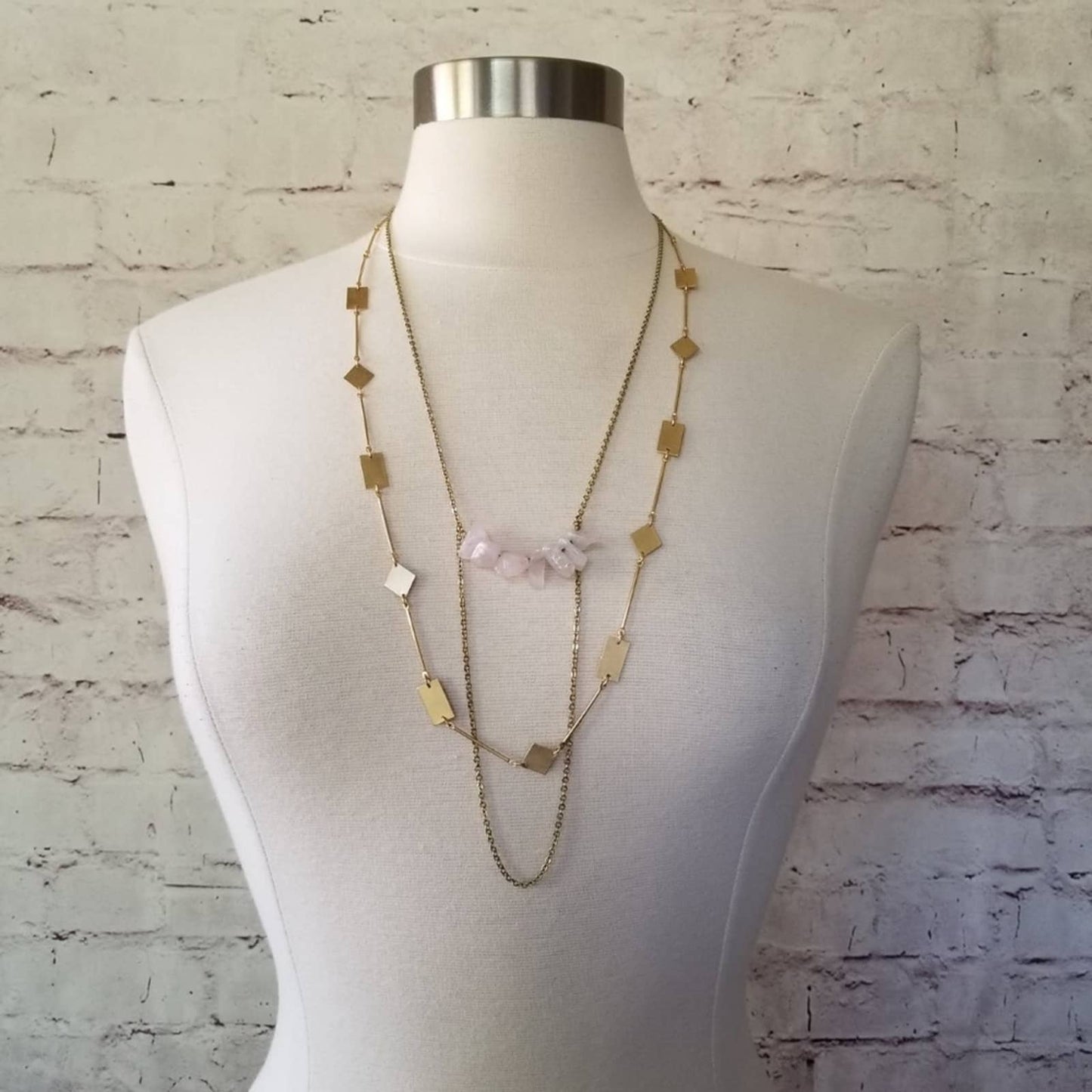 Gold Rose Quartz Stones and Cutout Shapes Layered Double Strand Chain Necklace